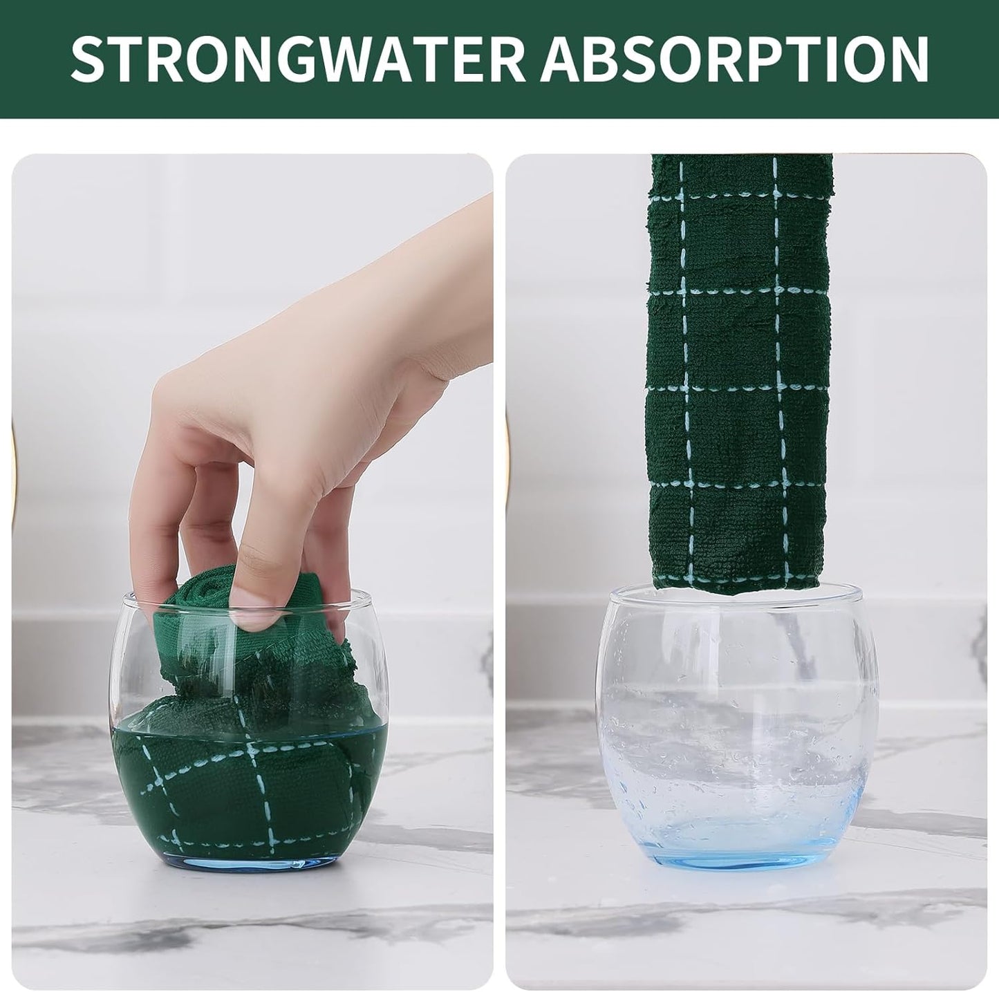 Homaxy 100% Cotton Terry Kitchen Towels(Dark Green, 13 x 28 inches), Checkered Designed, Soft and Super Absorbent Dish Towels, 12 Pack