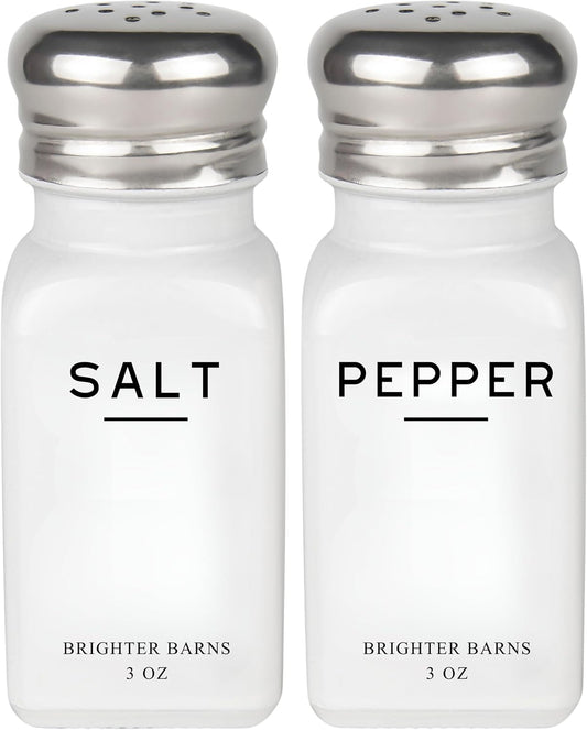 White Salt and Pepper Shakers Set by Brighter Barns - Dining Table Decor, Countertop Accessory - Neutral Minimalist Glass Salt Shaker - Modern Kitchen Accessories for Restaurant, Hotel, Airbnb (White)