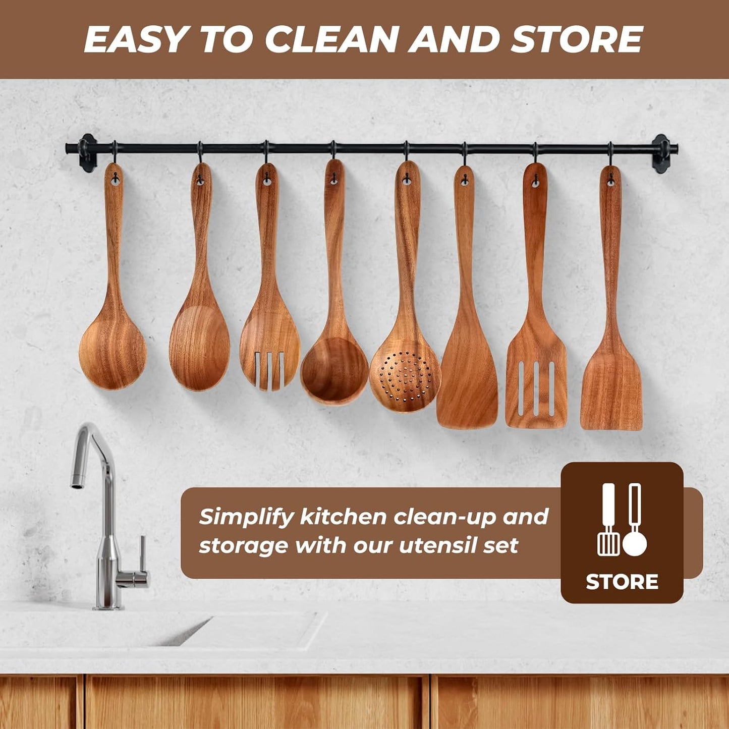 AIUHI Natural Teak Wood Kitchen Utensil Set, 9Pcs Wooden Spoons for Cooking, Cooking Utensils Set for Nonstick Cookware, Durable & Heat Resistant