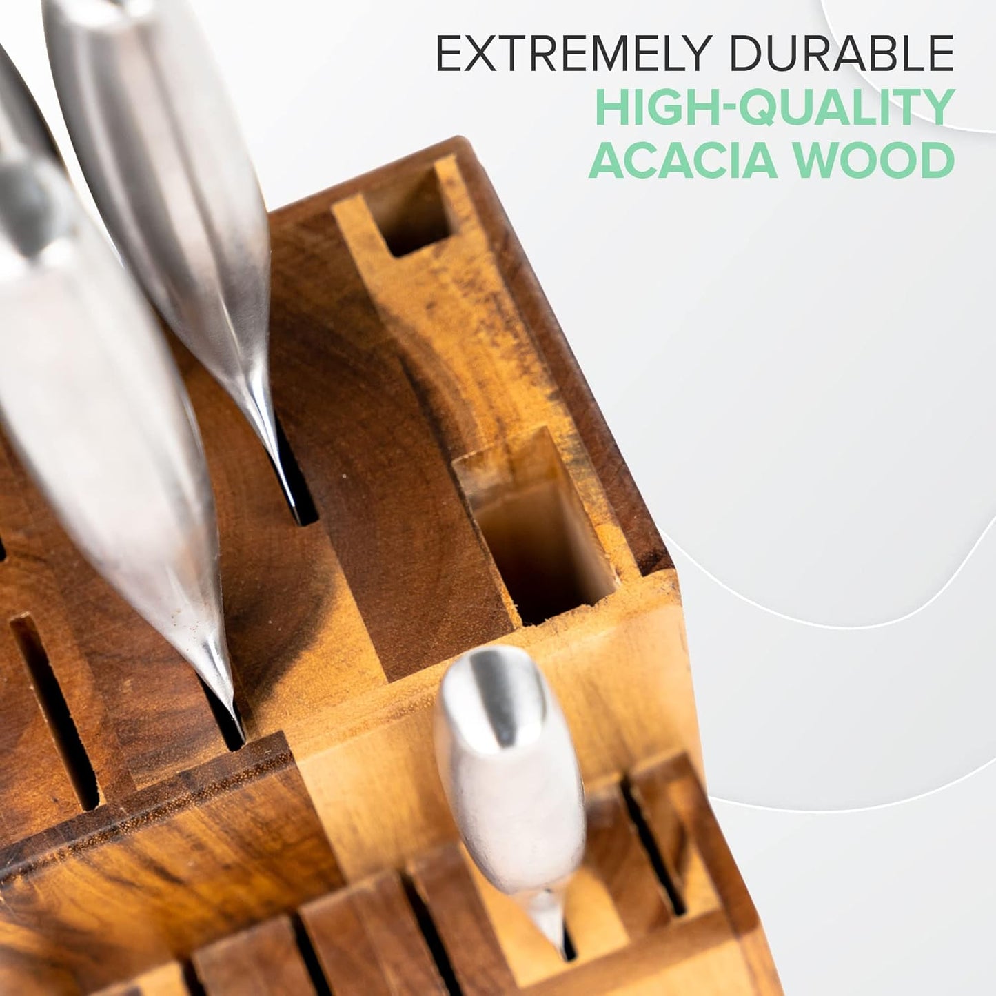 Coninx Acacia Wood Kitchen Knife Block - 15 Slots Knife Holder - Professional Quality Wood Knife Organizer - Secure Knife Stand To Keep Knives Neat & Sharp - Knife Blocks for Kitchen Knife Storage