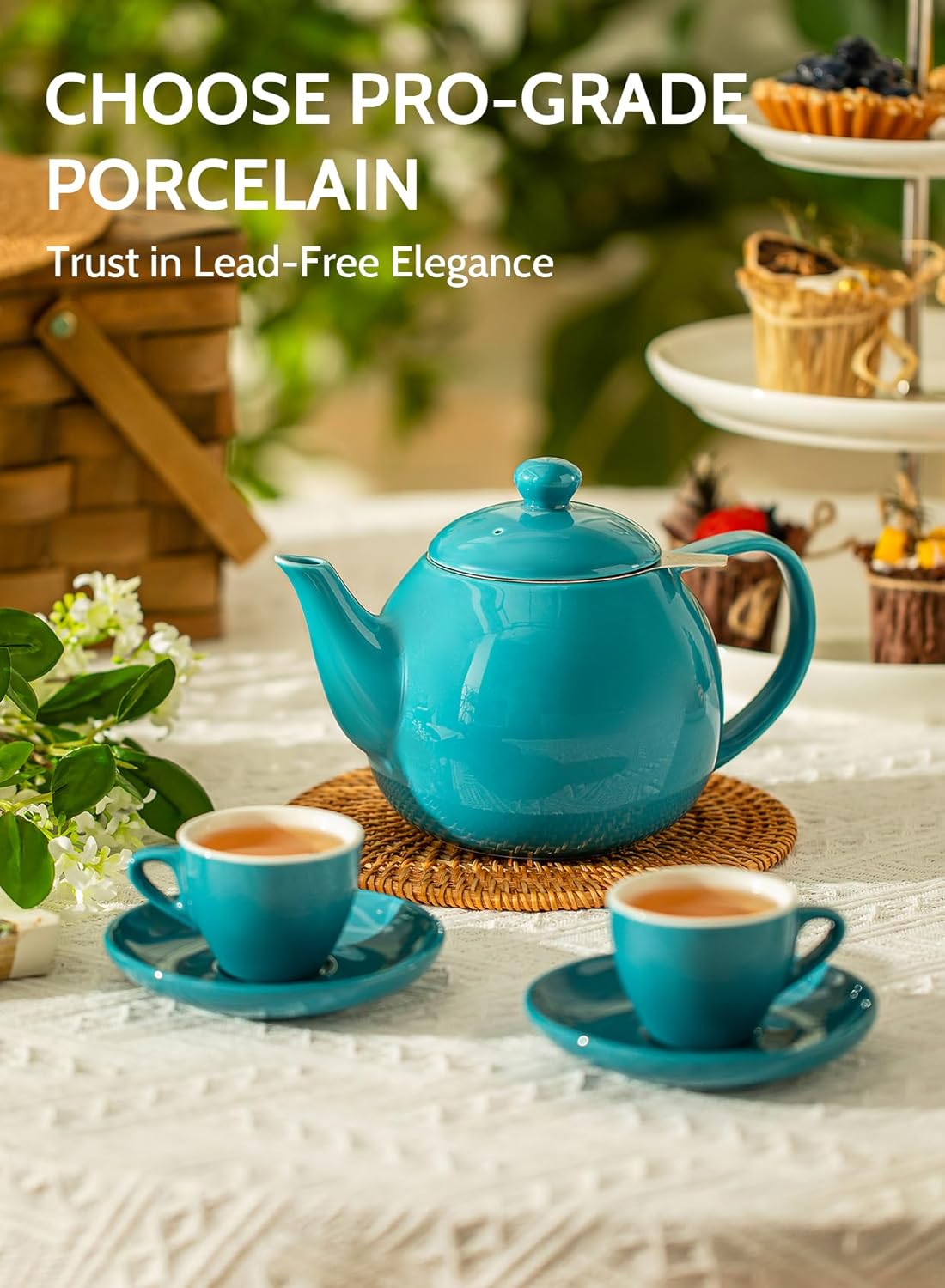 Sweese Teapot, Porcelain Tea Pot with Stainless Steel Infuser, Blooming & Loose Leaf Teapot - 27ounce, Steel Blue