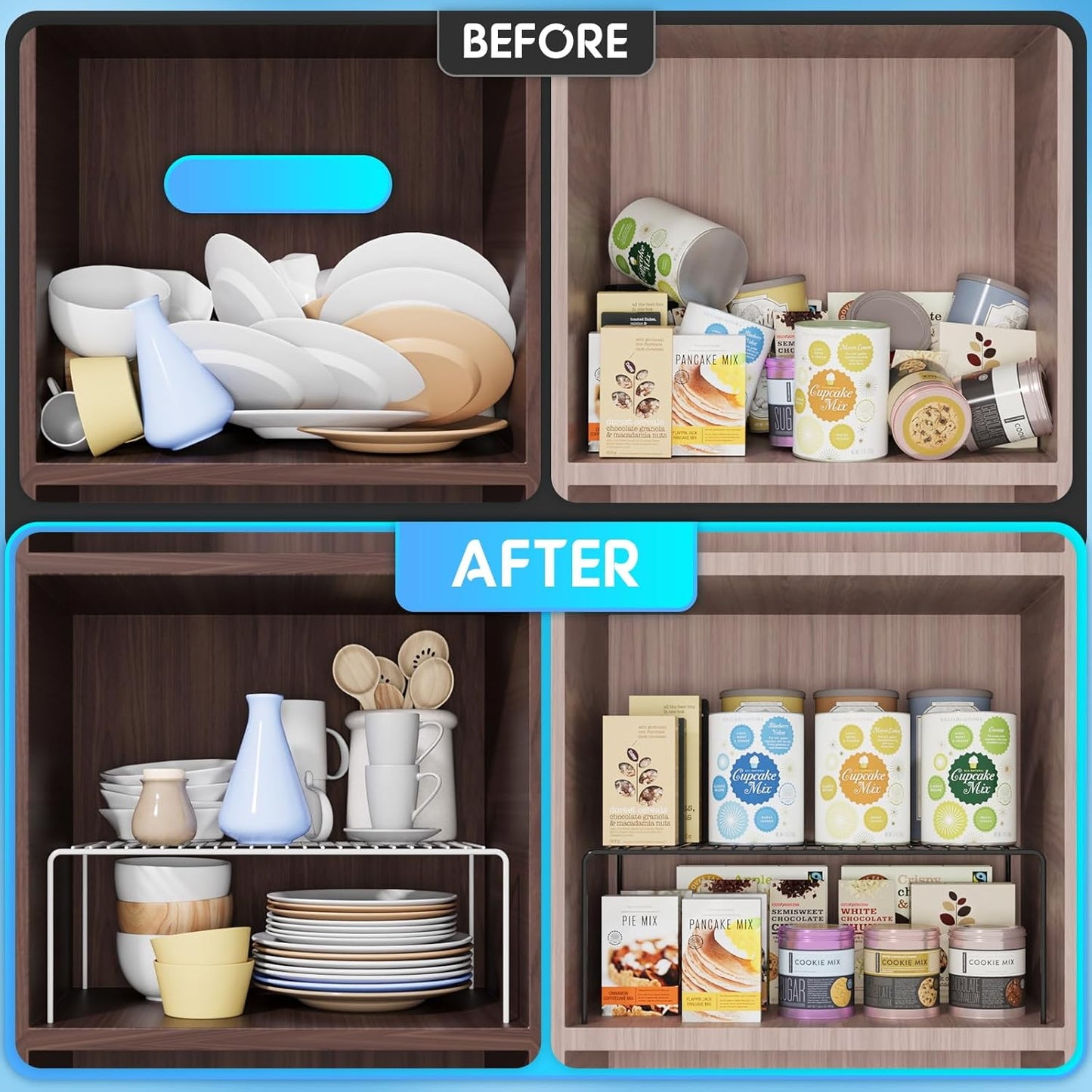 Medium(13 x 9.4 inch)Black Cabinet Storage Shelf Rack Set of 2, Rustproof Metal Wire Kitchen Counter Organizers and Storage, Spice Organization for Cabinet, Plate, Dish, Pantry, Bathroom, Fridge