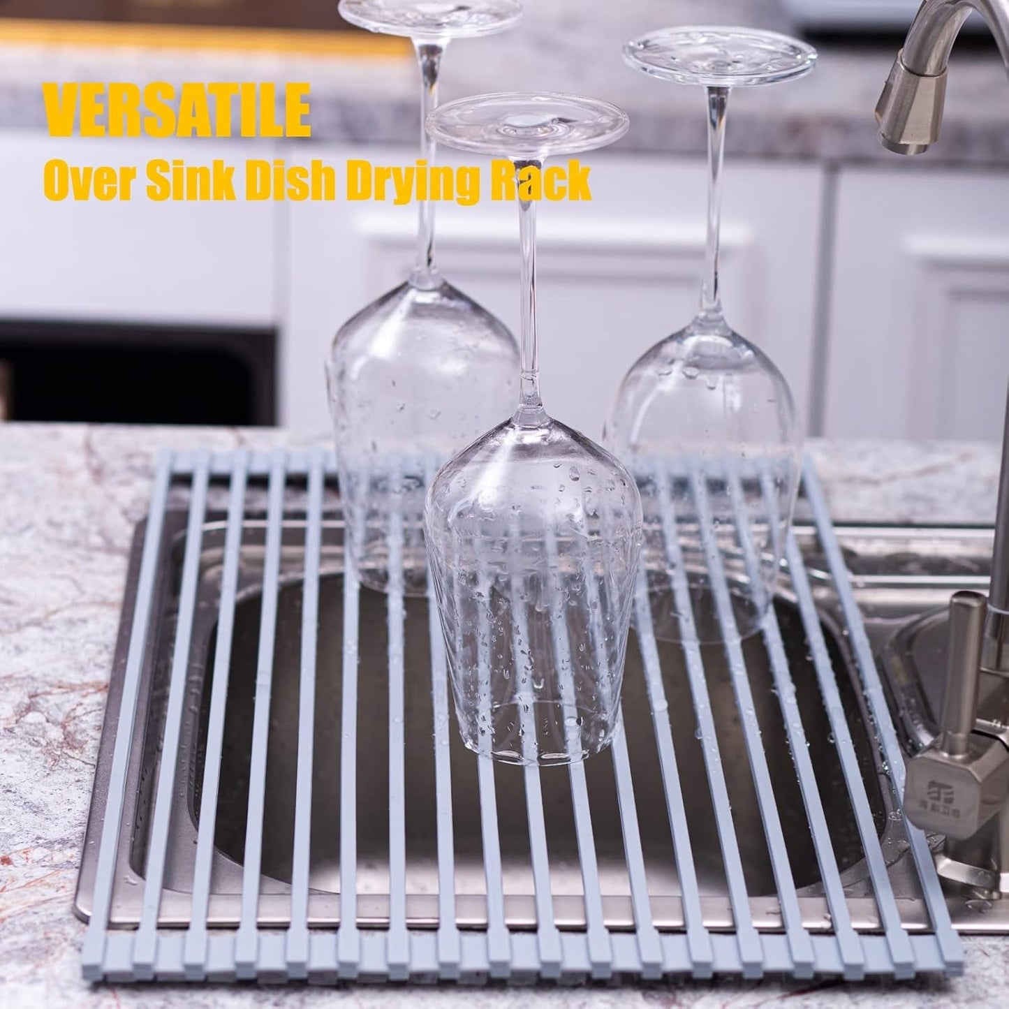 Silicone-Coated Stainless Steel Over The Sink Multipurpose Roll-Up Dish Drying Rack, 20.8"X13.2", Heat Resistant Non Slip Dish Draining Rack BPA Free Dishwasher Safe (L, Gray)