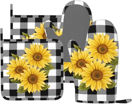 Sunflower Black White Buffalo Plaid Oven Mitts and Pot Holders Sets Silicone Yellow Floral Lumberjack Check Kitchen Mitts Potholders Heat Resistant 4Pcs Oven Gloves Hot Pads for Kitchen