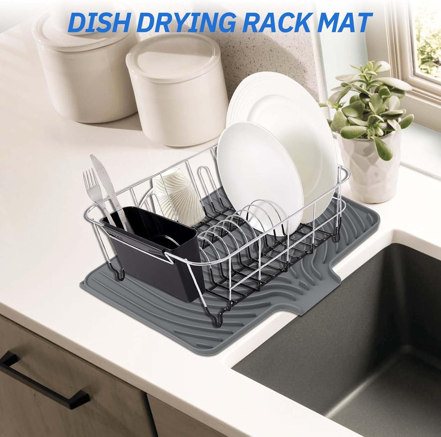 Silicone Dish Drying Mat for Kitchen Counter with Built-in Drain, Easy Clean Pad for Countertop Protection, Fast Self-Draining Slope, Non-Slip, Multiple Use 17.7 x 11.8 Inch (Grey)