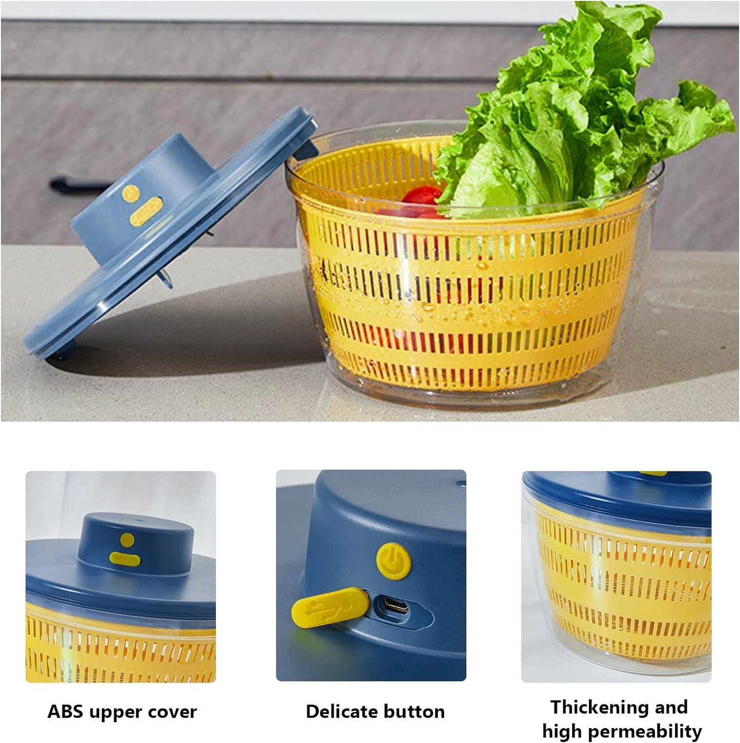 Electric Salad Spinner, 4L Lettuce Spinner Large Capacity USB Chargeble Fruit Vegetable Washer Dryer for Home Kitchen (Blue)