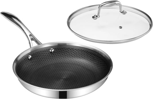 DELUXE Hybrid Ceramic Nonstick 10-Inch Fry Pan with Tempered Glass Lid, Skillet with Stay-Cool Handles, Dishwasher&Oven Safe, PFOA Free Compatible with All Cooktops