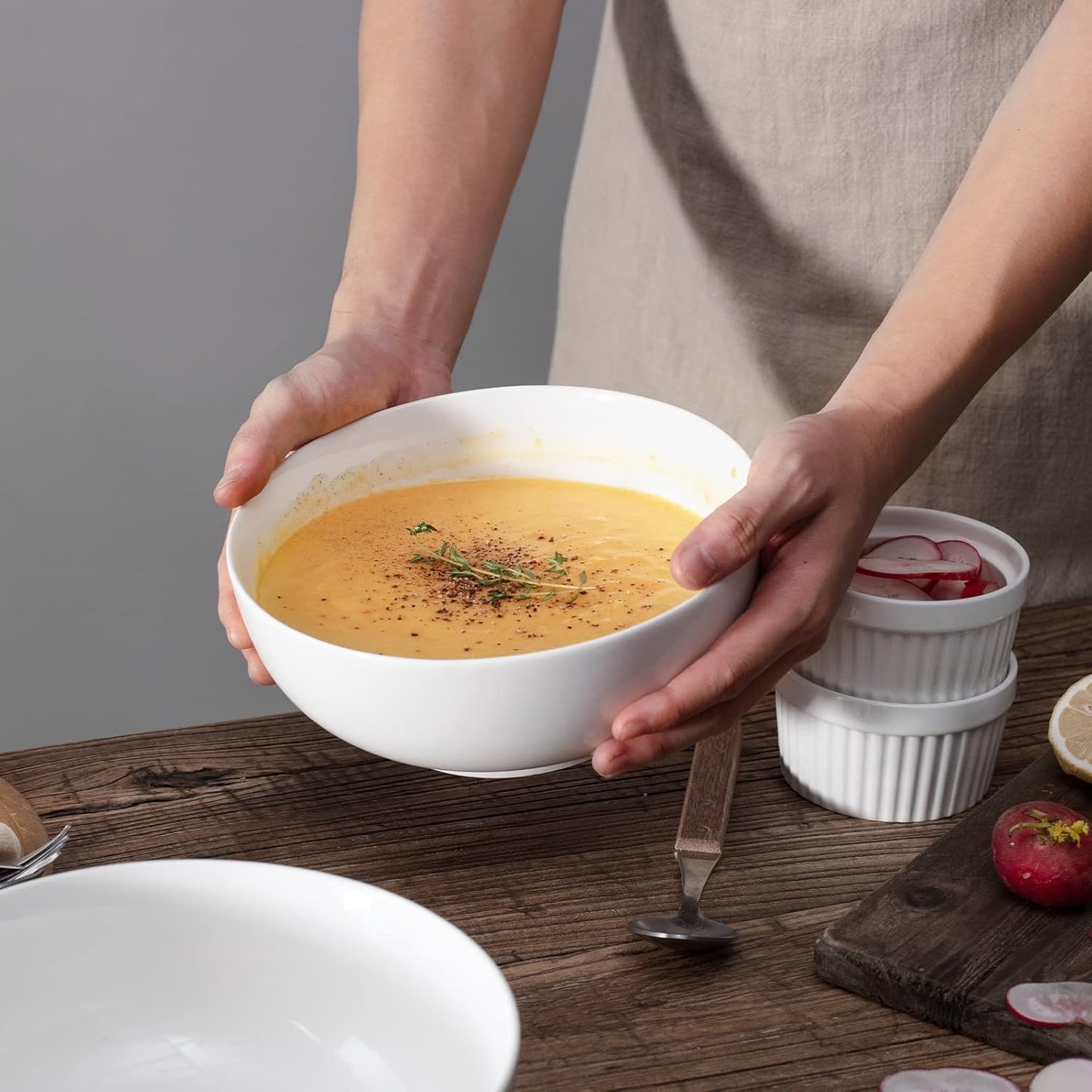 DOWAN Salad Bowls, Large Pho Bowls, 8" White Centerpiece Bowls for Nut, Pasta, Soup, Side Dishes, Ramen, Fruit, Kitchen Decor, Microwave & Dishwasher Safe, 56 Ounce