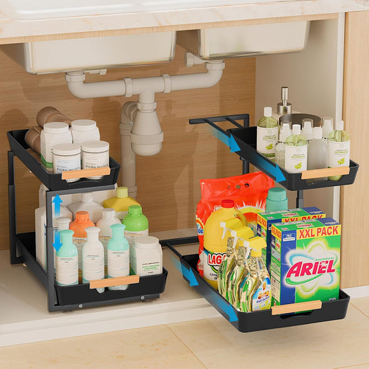 2 Pack Under Sink Organizer Pull 0ut, 3 Height Adjustable Under Kitchen Sink 0rganizer and Storage Black, 2 Tier Double Sliding Drawer Cabinet Organizer for Kitchen Bathroom Pantry