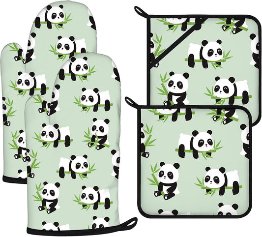 Cute Panda Oven Mitts and Pot Holders Sets 4Pcs,Extra Long Oven Gloves Potholder for Kitchen Cooking Baking BBQ 100% Cotton Heat Resistant