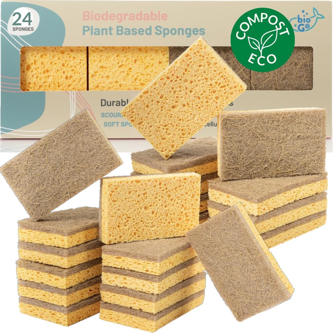 bioGo 24 Pack Biodegradable Kitchen Sponges - Eco-Friendly, Compostable, Natural Cellulose Dish Sponge - Biodegradable - Kitchen