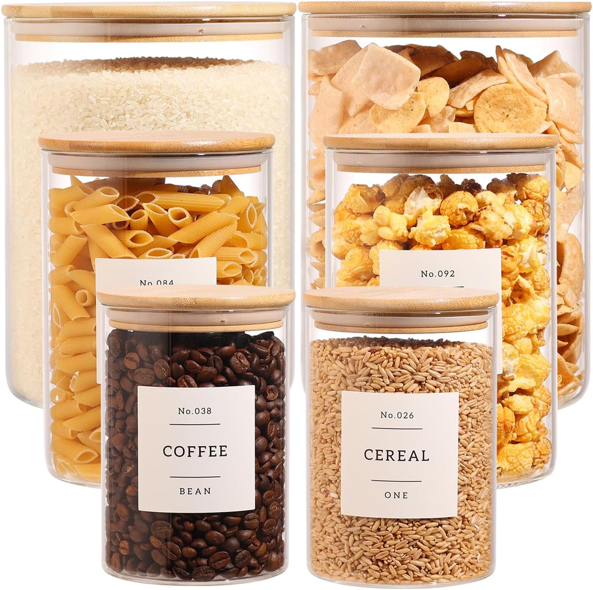 6-Pack Borosilicate Glass Storage Jars with Bamboo Lids + 132 Pre-Printed Pantry Labels Included, BPA-Free Thicken Airtight Containers for Flour, Sugar, Rice, Microwave & Freezer Safe(100OZ/54OZ/27OZ)