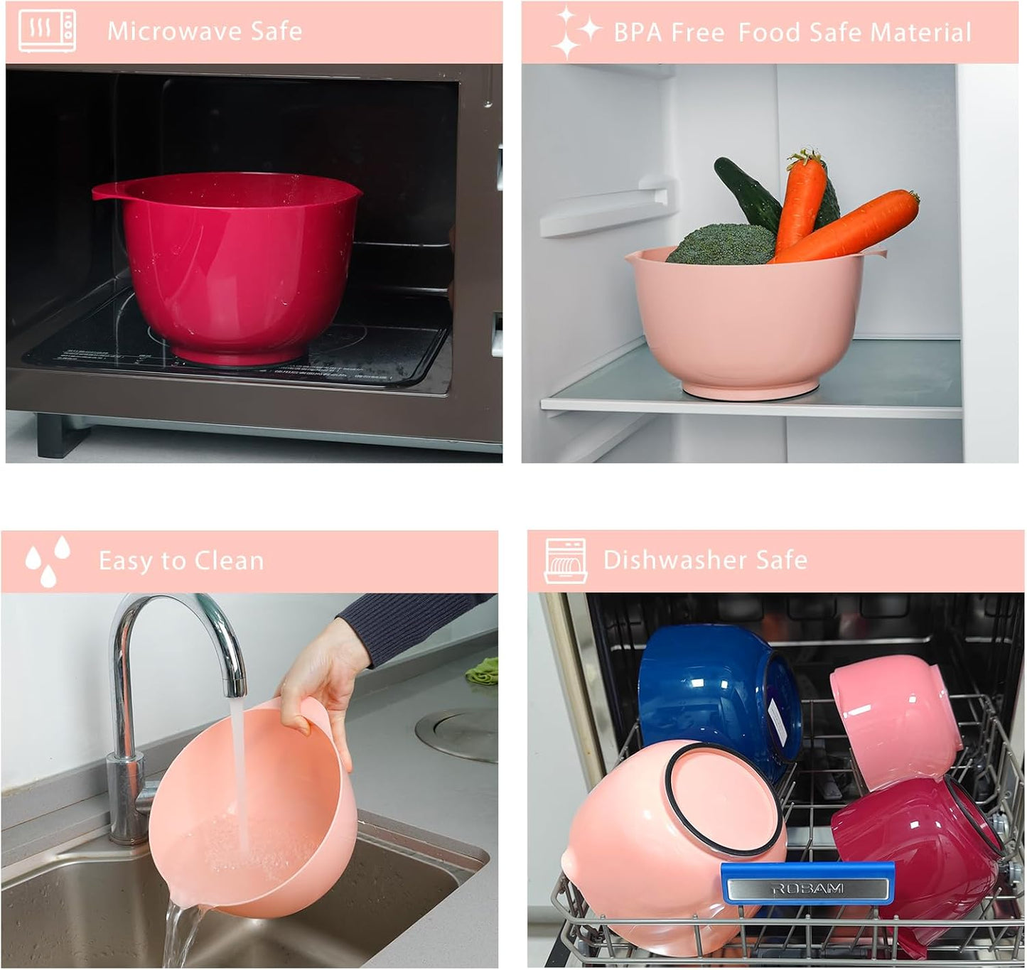 BoxedHome Classic Mixing Bowl Set, BPA Free Plastic, Microwave and Dishwasher Safe, 4.5 quarts (Pink/Blue)