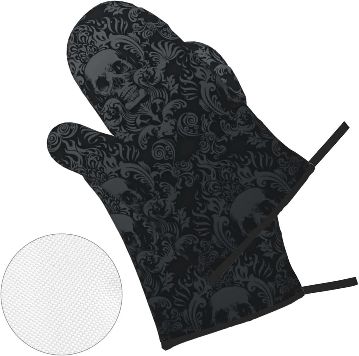 Victorian Gothic Black Skull Damask Oven Mitts and Pot Holders Sets of 4,Resistant Hot Pads with Polyester Non-Slip BBQ Gloves for Kitchen,Cooking,Baking,Grilling