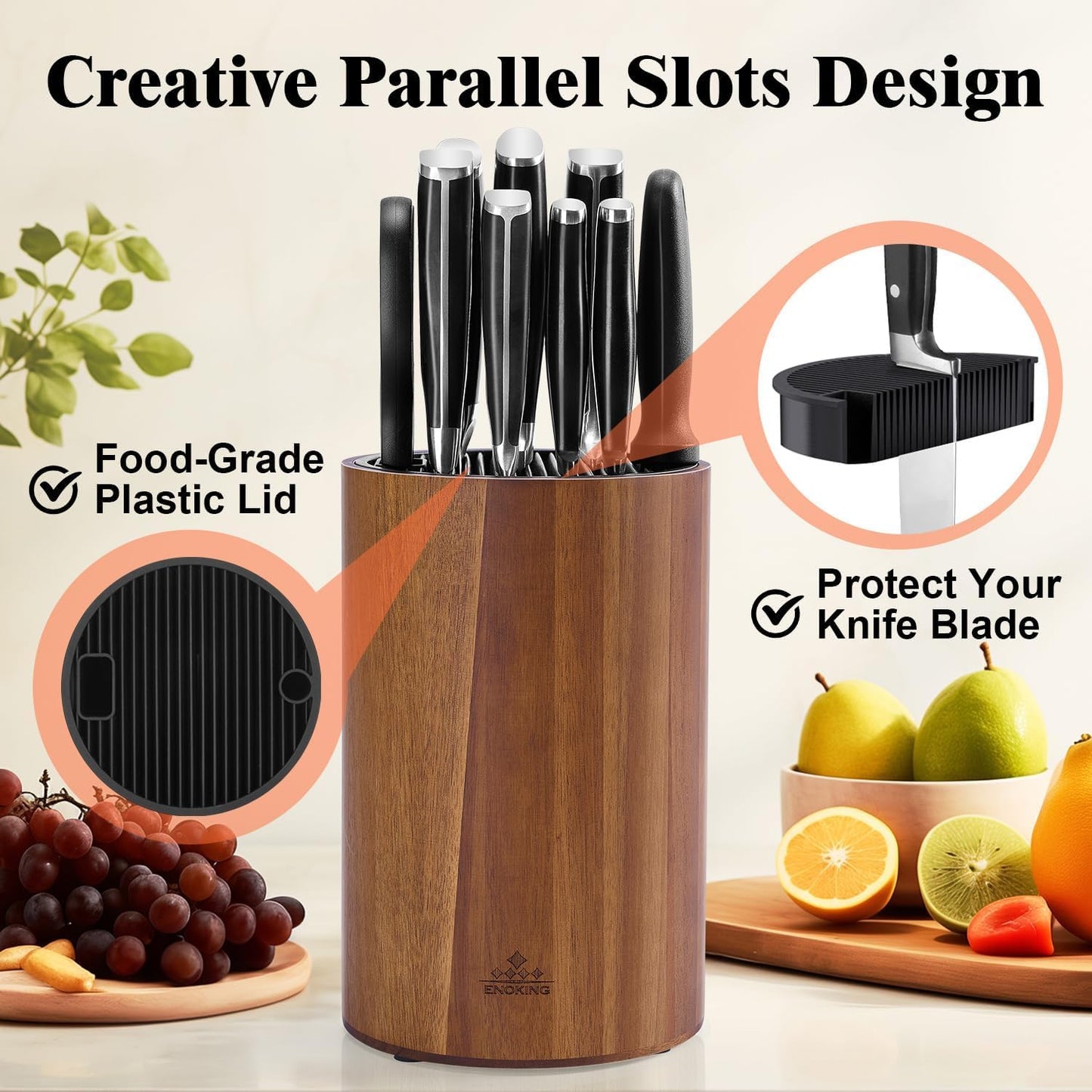 Enoking Universal Knife Block Holder with Plastic Lid, Acacia Wood Knife Block without Knives for Scissors, Sharpening Rod and Knives, Round Knife Storage Organizer Display