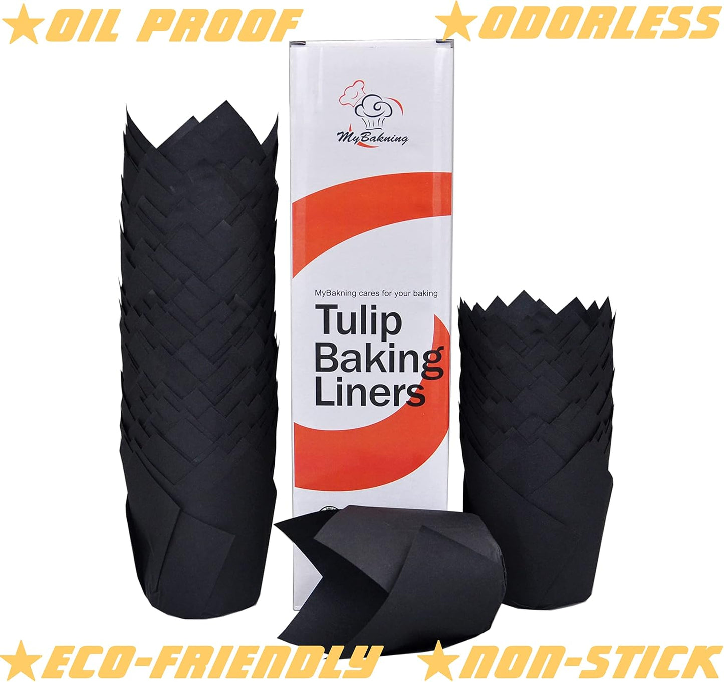 Black color Large size Tulip Baking Cups 2-1/4"(Base diameter) x 4"(Wall height) Parchment paper baking cupcake Muffin liners, Case of 130 pcs