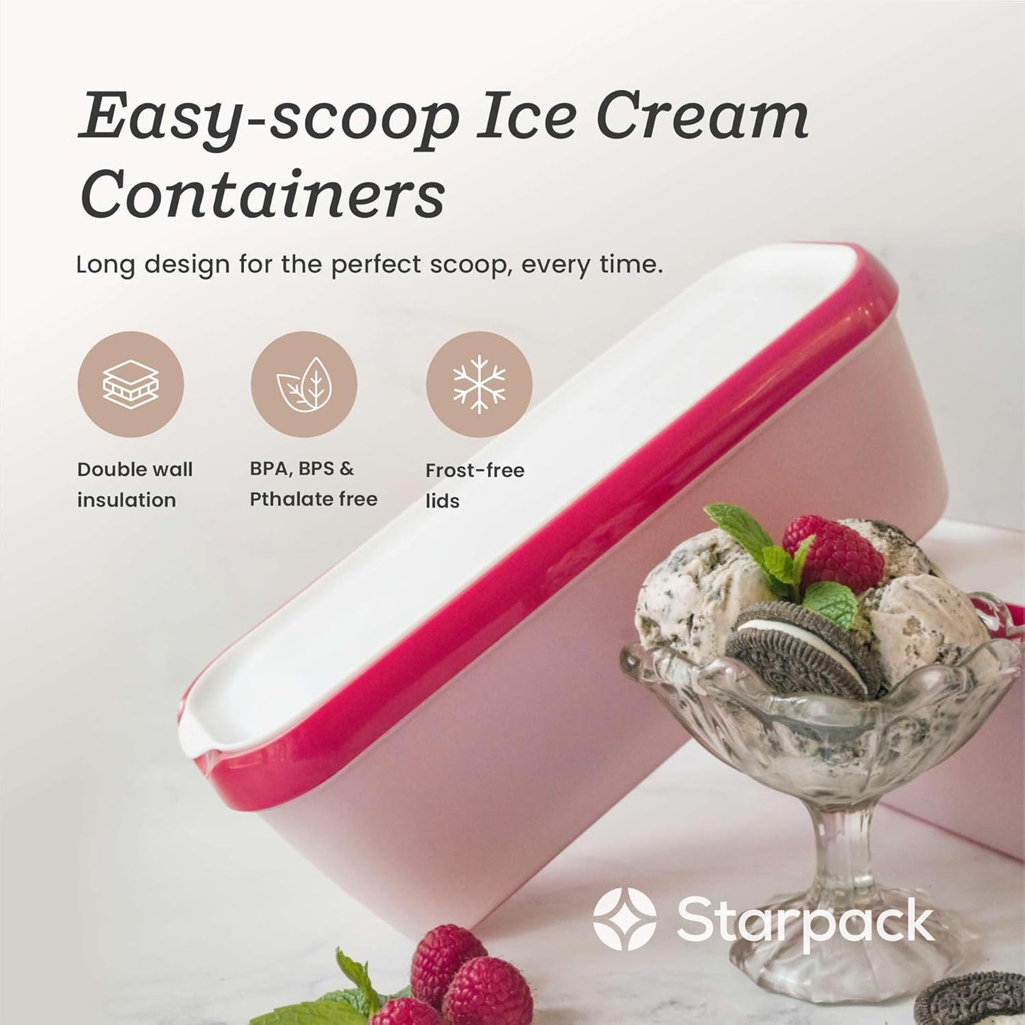 Starpack 'Inside Scoop' Ice-Cream Storage Container for Freezer (2 Pcs) - 1.5 Quart Ice Cream Containers for Homemade Ice Creams - Reusable Dessert Containers with Lids - Leak-Free Lids (Silicone)