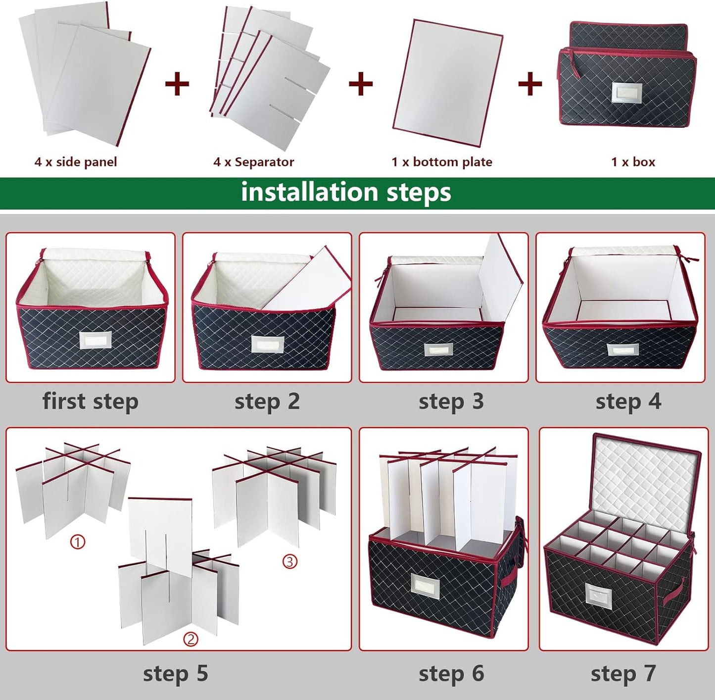 VERONLY Christmas Stemware Storage Cases with Dividers- Holds 24 Wine Glass Storage or Crystal Glassware Containers, China Storage Containers with 2 Handles and Lable Window -Set of 2 Black