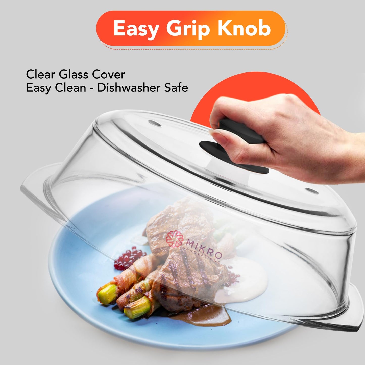 10.5" Tall Glass Microwave Splatter Cover - Sturdy Food-Safe Glass with Easy-Grip Silicone Handle