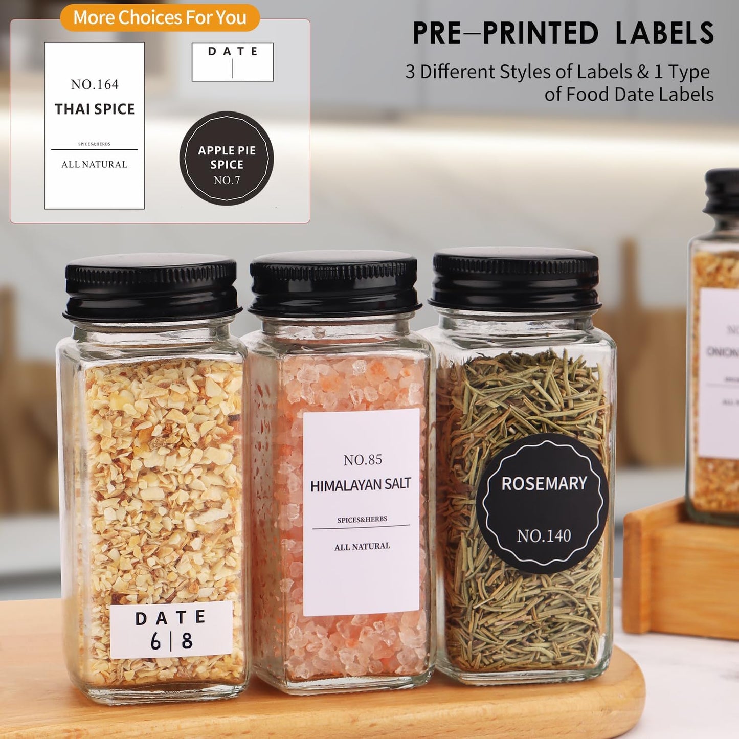 Spice Jars - 36 pieces, labeled spice jars with black metal lids, empty glass spice jar set, spice storage containers, kitchen set, ideal for organizing and storing food in the pantry.