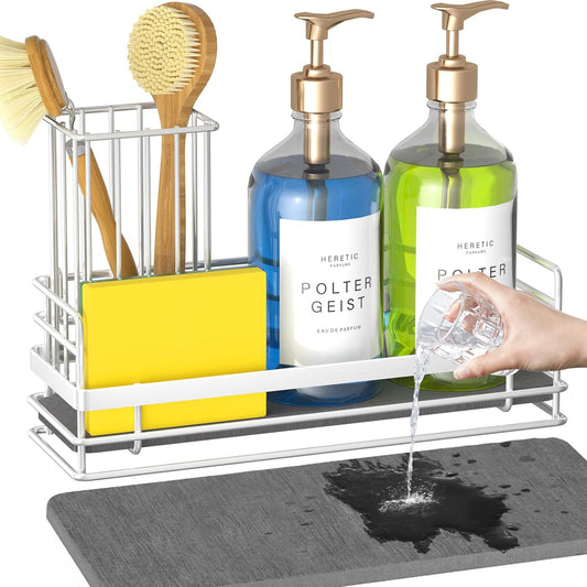 Yofidra Sink Caddy with Stone Drying Tray: Stainless Steel Soap Dispenser Kitchen Sink Organizer Set, Sponge Holder Counter Accessories Decor for Kitchen Organizers and Storage 8.1x3.5x4.5 in White