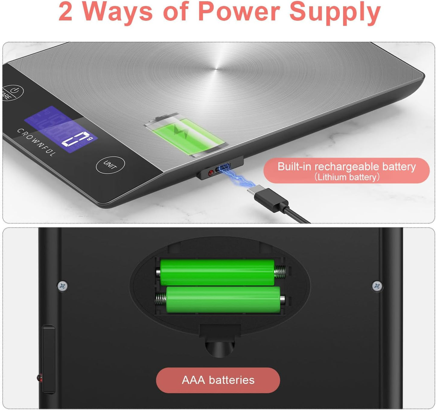 CROWNFUL Food Scale, Rechargeable 304 Stainless Steel Digital Kitchen Scale Upto 33lb Weight Grams and Ounces with LCD Display and Type-C Charging for Baking and Cooking