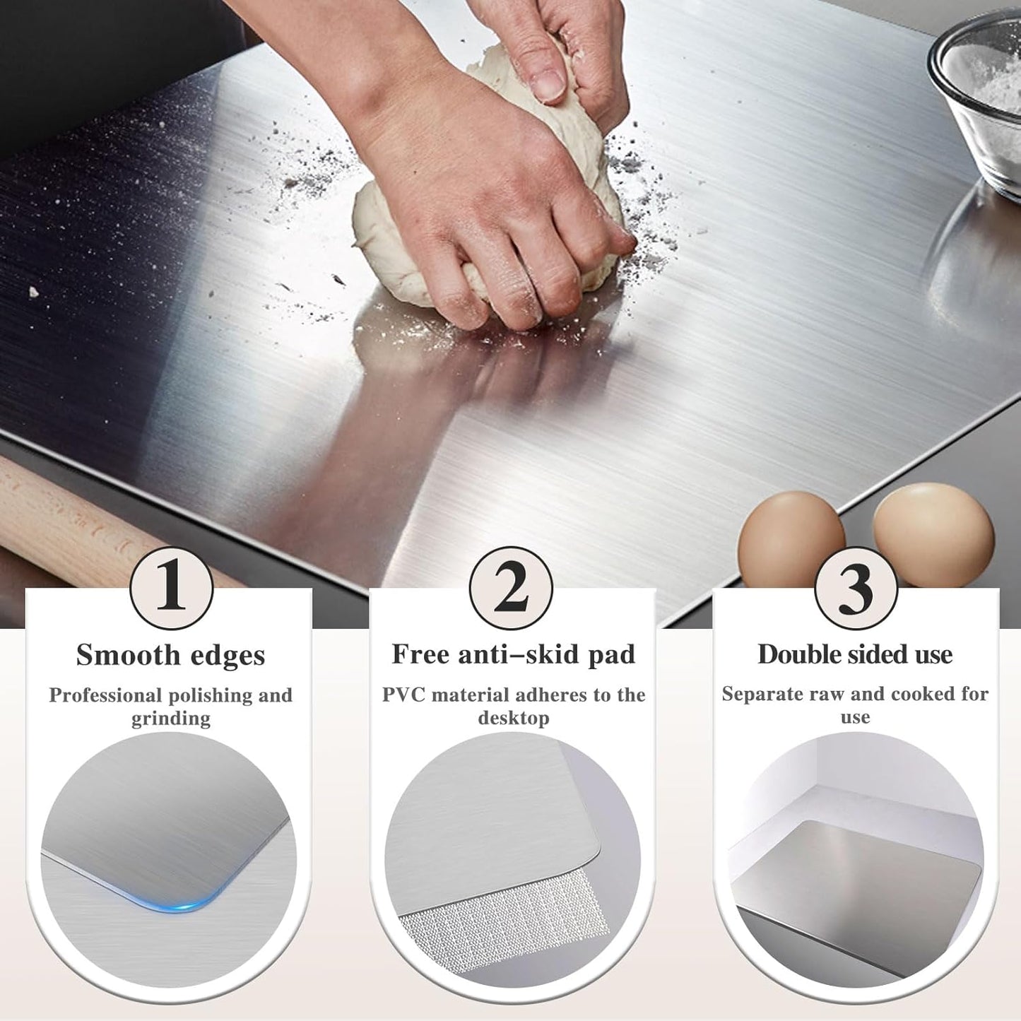 Stainless Steel Cutting Board for Kitchen - 304 Stainless Steel Chopping Boards for Baking, Double-Sided Use for Raw & Cooked Food - Ideal for Homemade Pasta, Pizza & Bread Making (11.8×15.7×0.06")