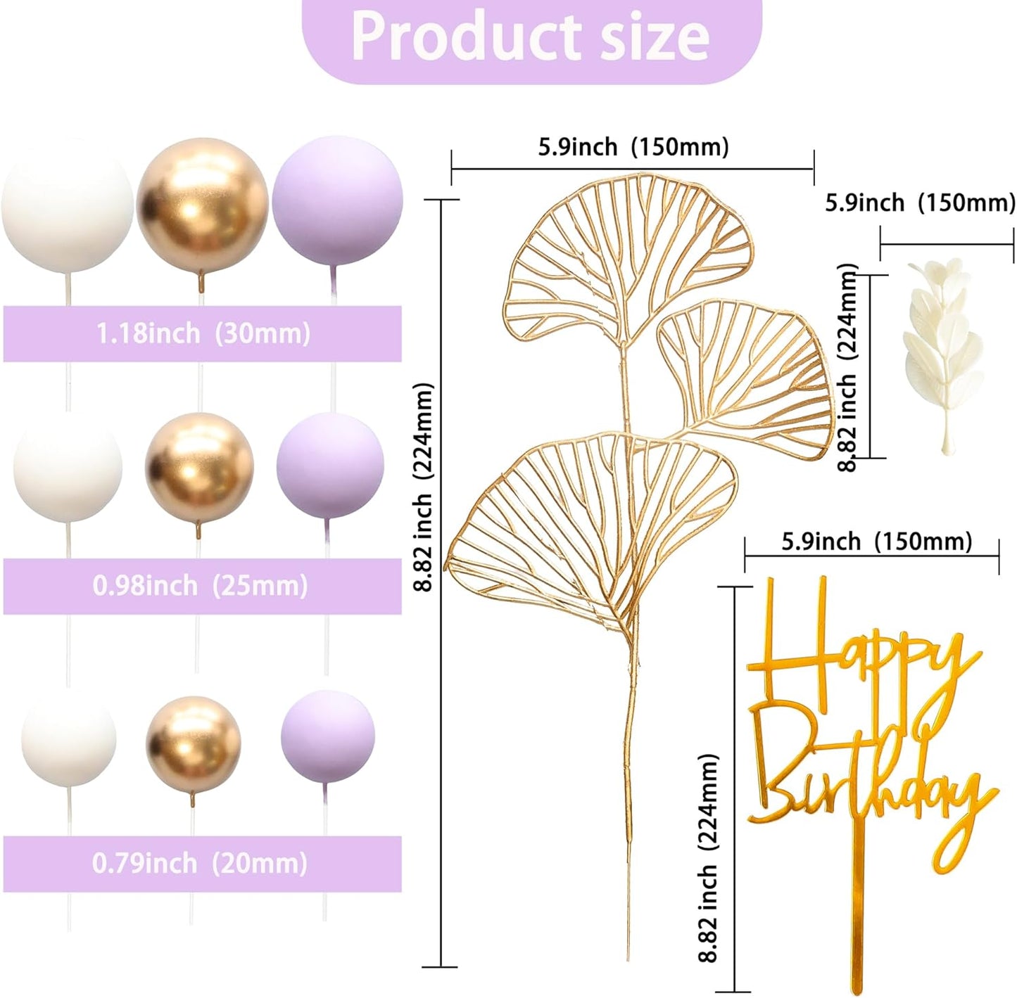 Gyufise 57Pcs Balls Cake Topper Boho Grass Cake topper Pearl Balls Acrylic Happy Birthday Cake Decorations for Wedding Baby Shower Birthday Boho Themed Party Supplies Purple