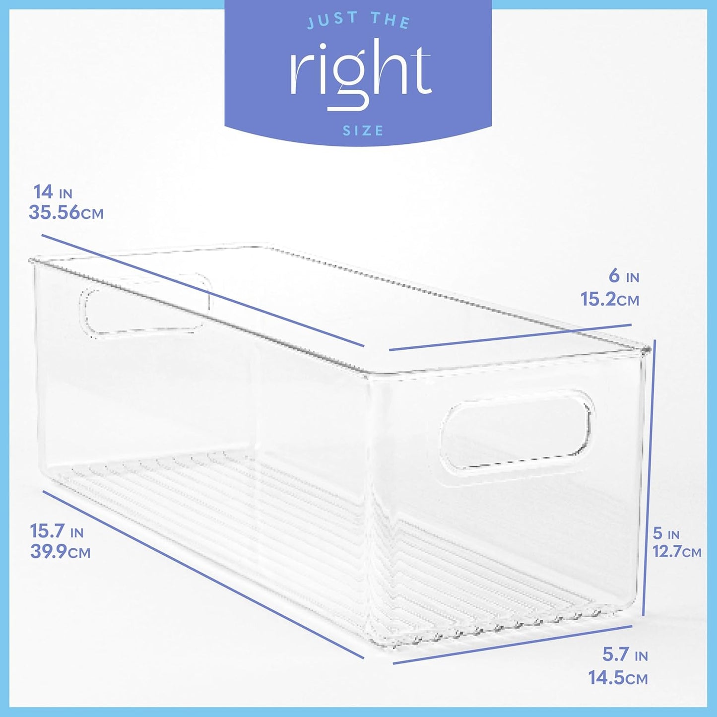 Plastic Food Storage Clear Container Bin with Handles for Organizing Kitchen, Pantry, Refrigerator, Freezer, Pantry, Cabinet, Closet, Bathroom. 14”x8”x5”
