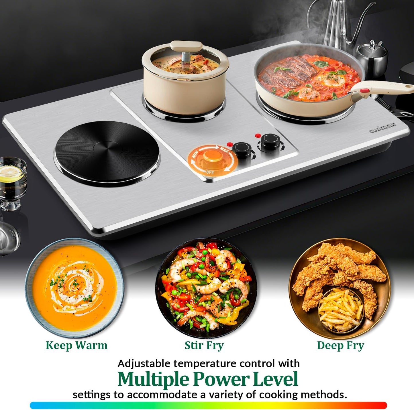 Cusimax Hot Plate,Countertop Triple Burner with 7″Cast Iron Cooktop,Electric Hot Plate for Cooking,11 Level Temperature Setting