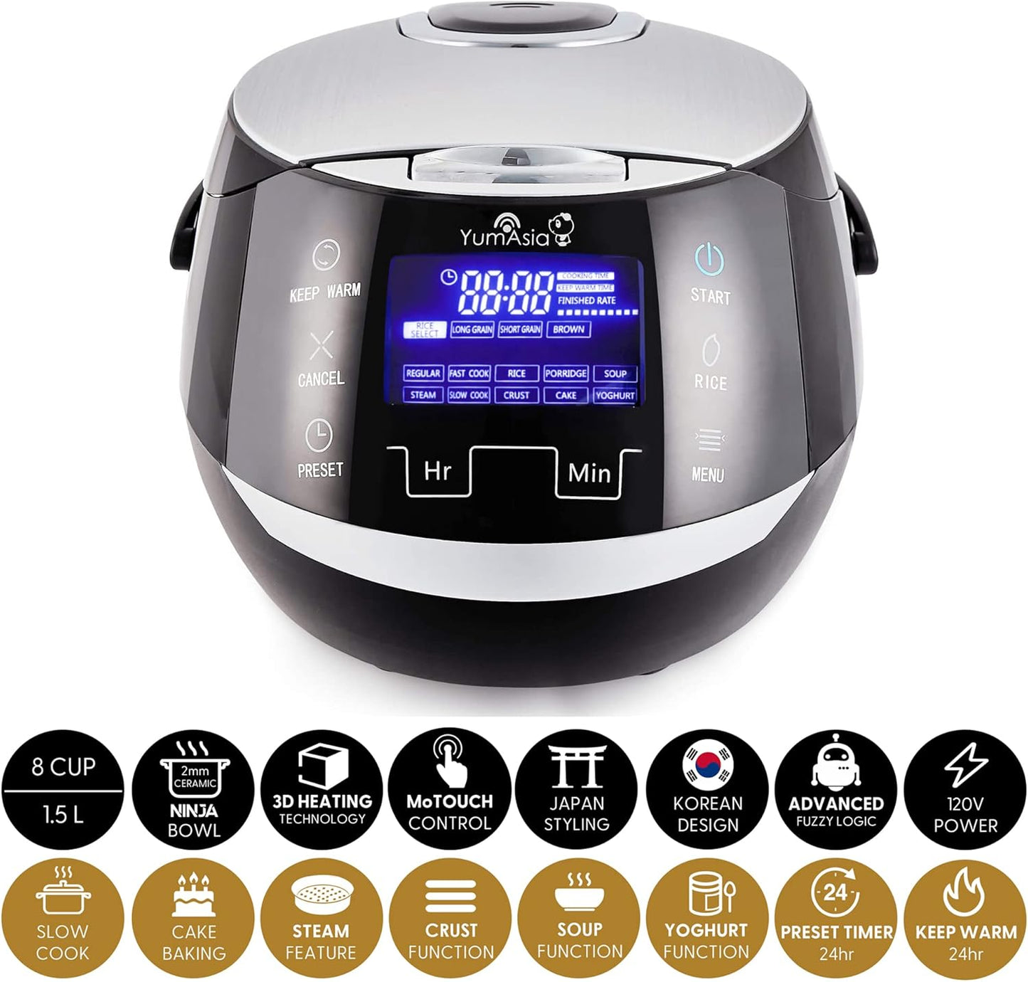 Yum Asia Sakura Rice Cooker with Ceramic Bowl and Advanced Fuzzy Logic (8 Cup, 1.5 Litre) 6 Rice Cook Functions, 6 Multicook Functions, Motouch LED Display, 120V Power (Black and Silver)