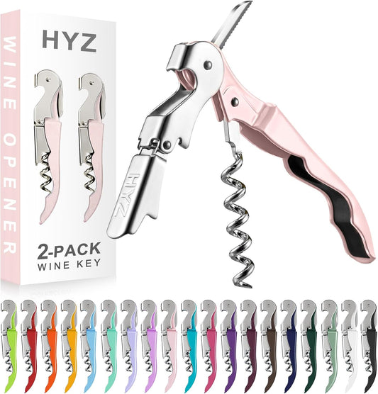 HYZ 2-Pack Wine Opener Waiter Corkscrew, Professional Wine Key for Servers, Bartender with Foil Cutter, Manual Wine Bottle Opener Double Hinged (Pink)