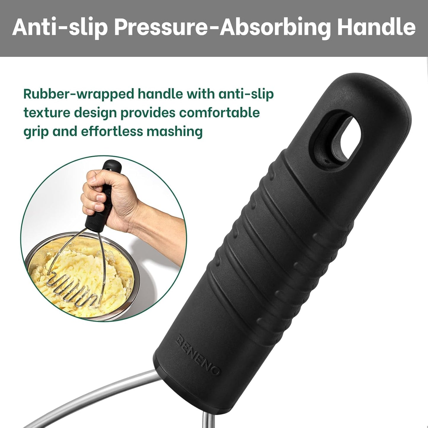 Beneno Stainless Steel Wire Potato Masher, Heavy Duty Sturdy Easy Grip Masher Kitchen Tools with Non-Slip Soft Rubber Handle, Effortless Mashing Tool for Potatoes, Avocados, Dishwasher Safe, Rustproof