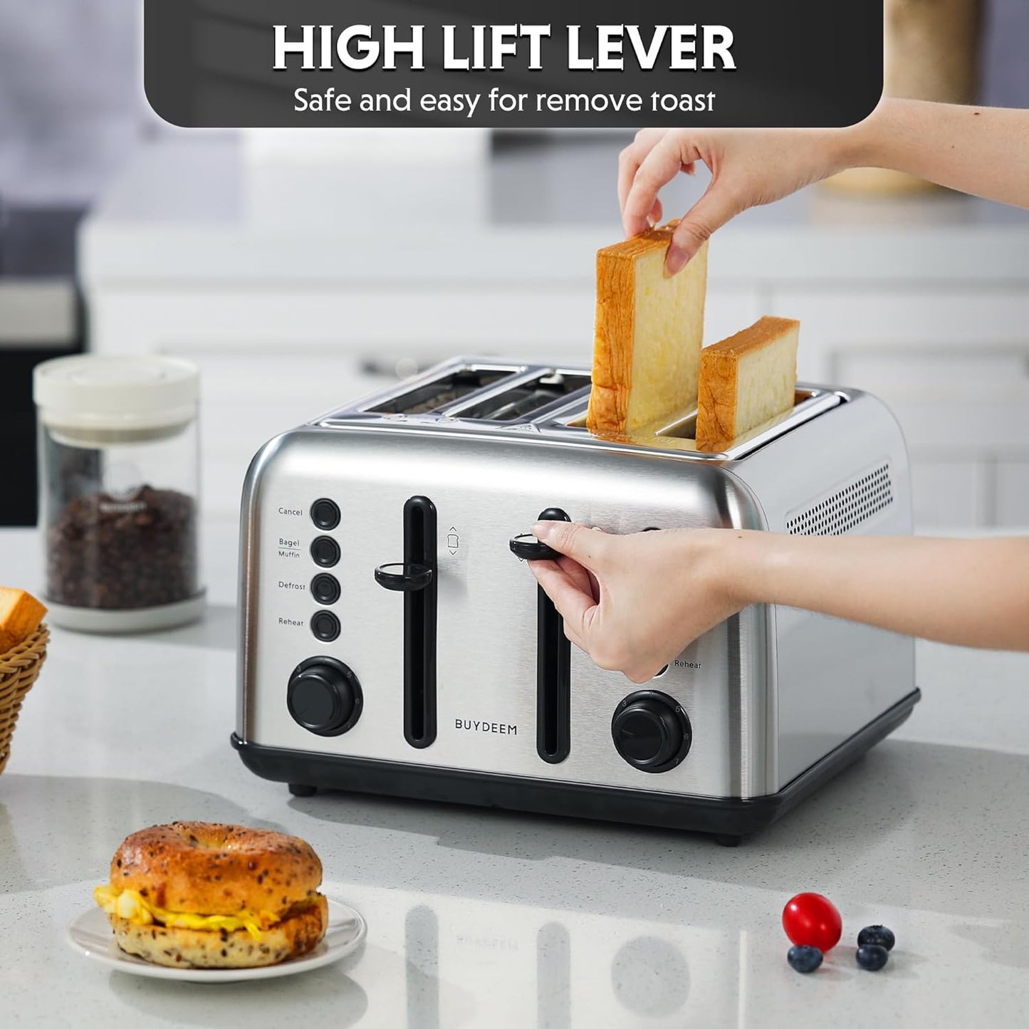 BUYDEEM DT640 Retro 4 Slice Toaster, 7 Shade Settings, Extra Wide 1.5'' Slots, Stainless Steel Toaster with Bagel Muffin Defrost Reheat Function, Retro Silver