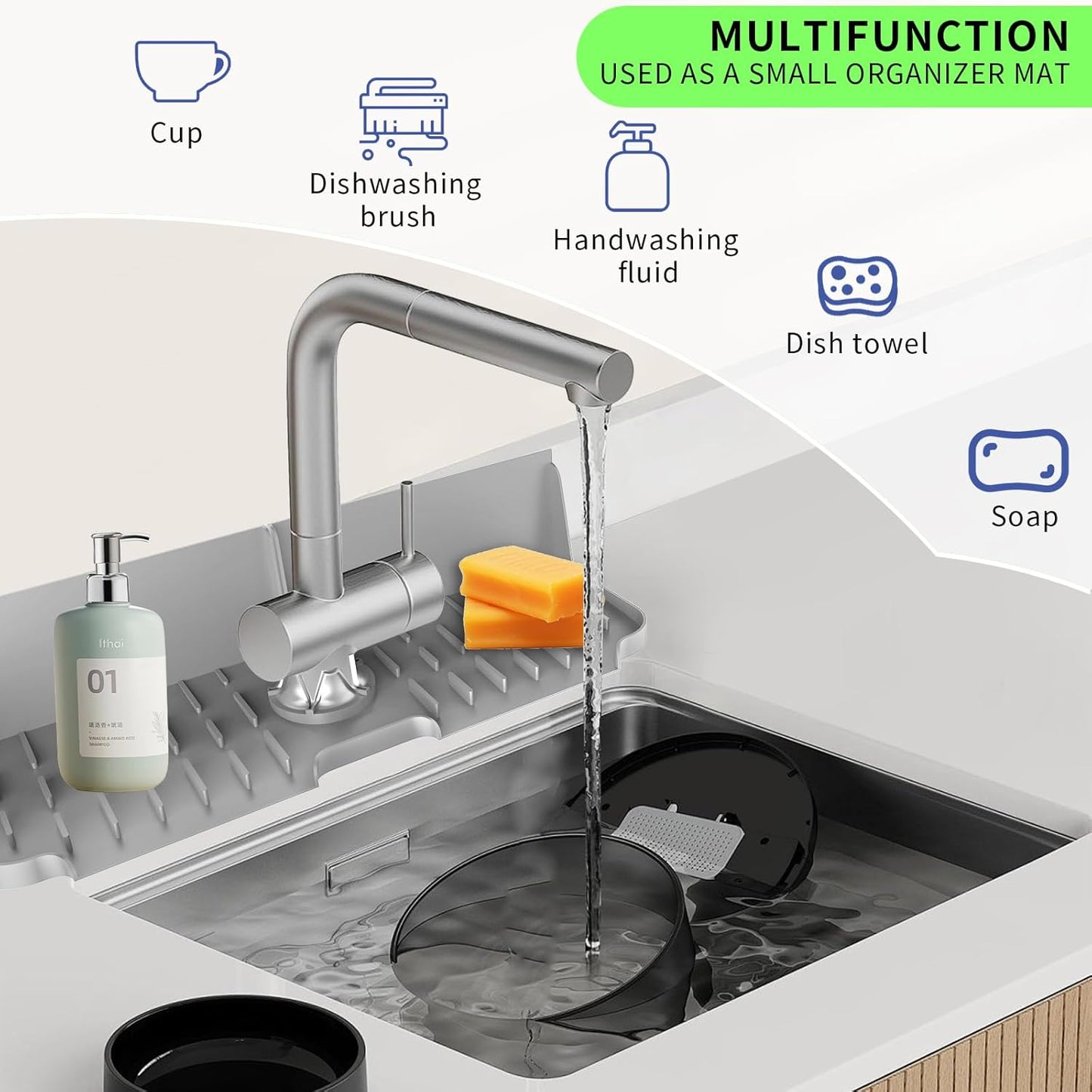 LVJING 17” x 5.5” Silicone Faucet Handle Drip Catcher Tray Mat, Silicone Faucet Mat Dish Soap Sponge Holder for Kitchen Sink, Drying Mat for Kitchen Counter Bathroom Kitchen Sink Splash Guard - Grey