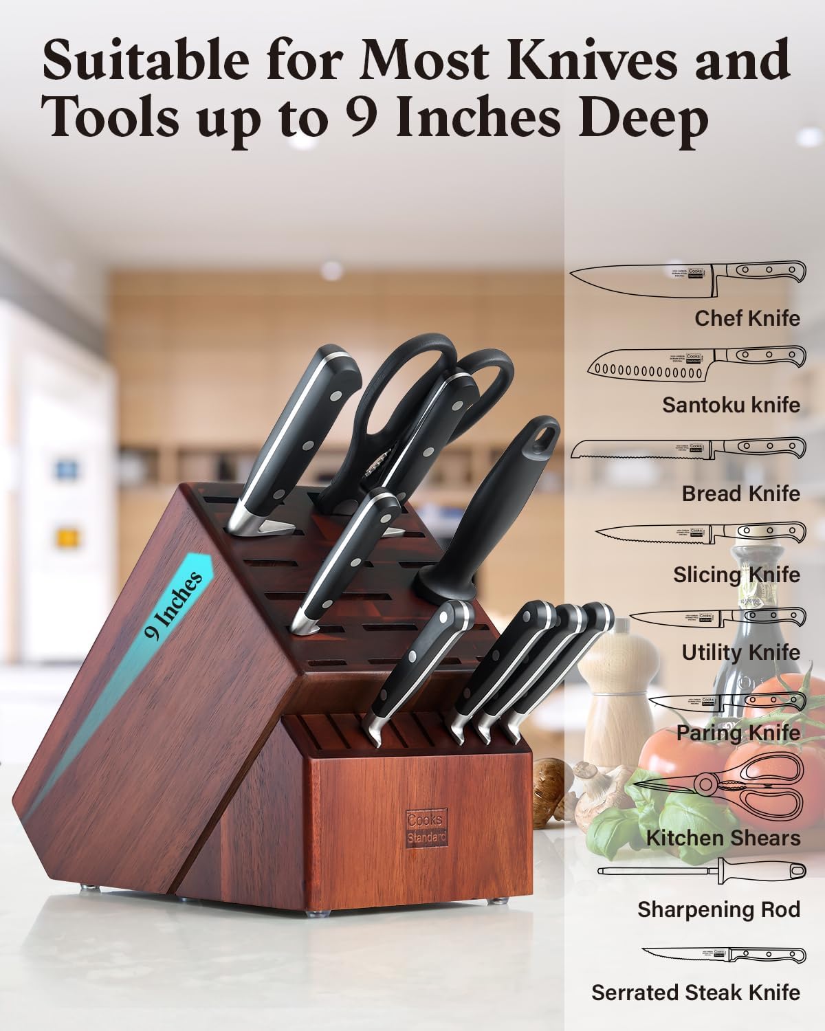 Cooks Standard Acacia wood Knife Block Holder without Knives, 25 Slot X-Large Universal Countertop Butcher Block Kitchen Knife Stand for Easy Kitchen Storage