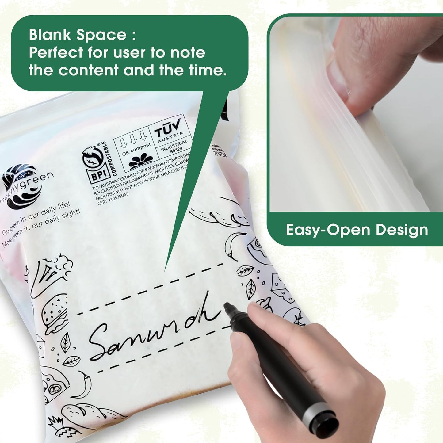 Compostable Food Storage Bags, Resealable, 50 Snack, 50 Sandwich, 30 Quart, 30 Gallon, Extra Thick, Certified US BPI ASTM D6400 Europe OK Compost