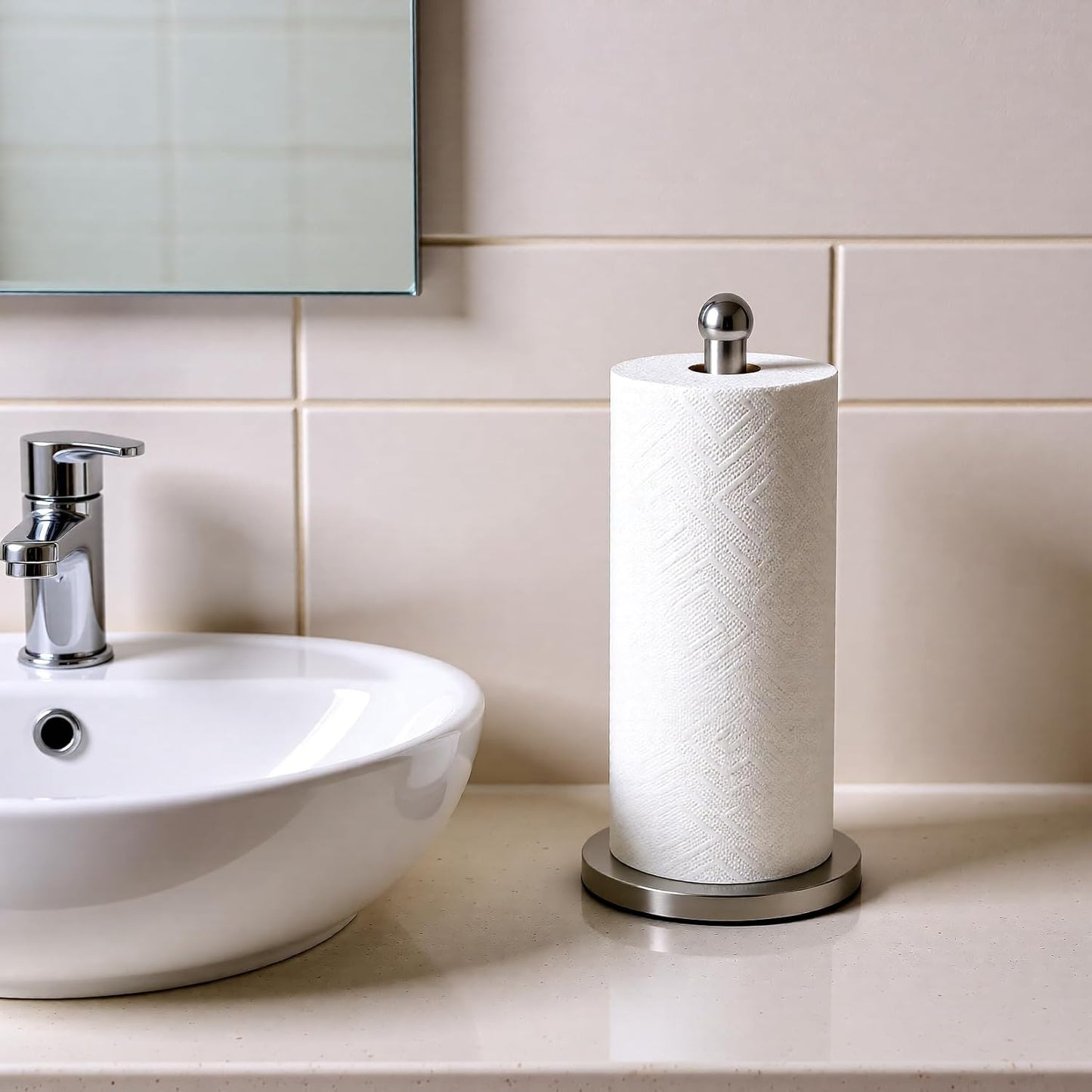 DAWNER Paper Towel Holder Countertop, Freestanding Kitchen Paper Holder Stand, One-Handed Tear, Stainless Steel, Paper Towel Dispenser with Weighted Base for Standard Towel Rolls, Brushed Nickel