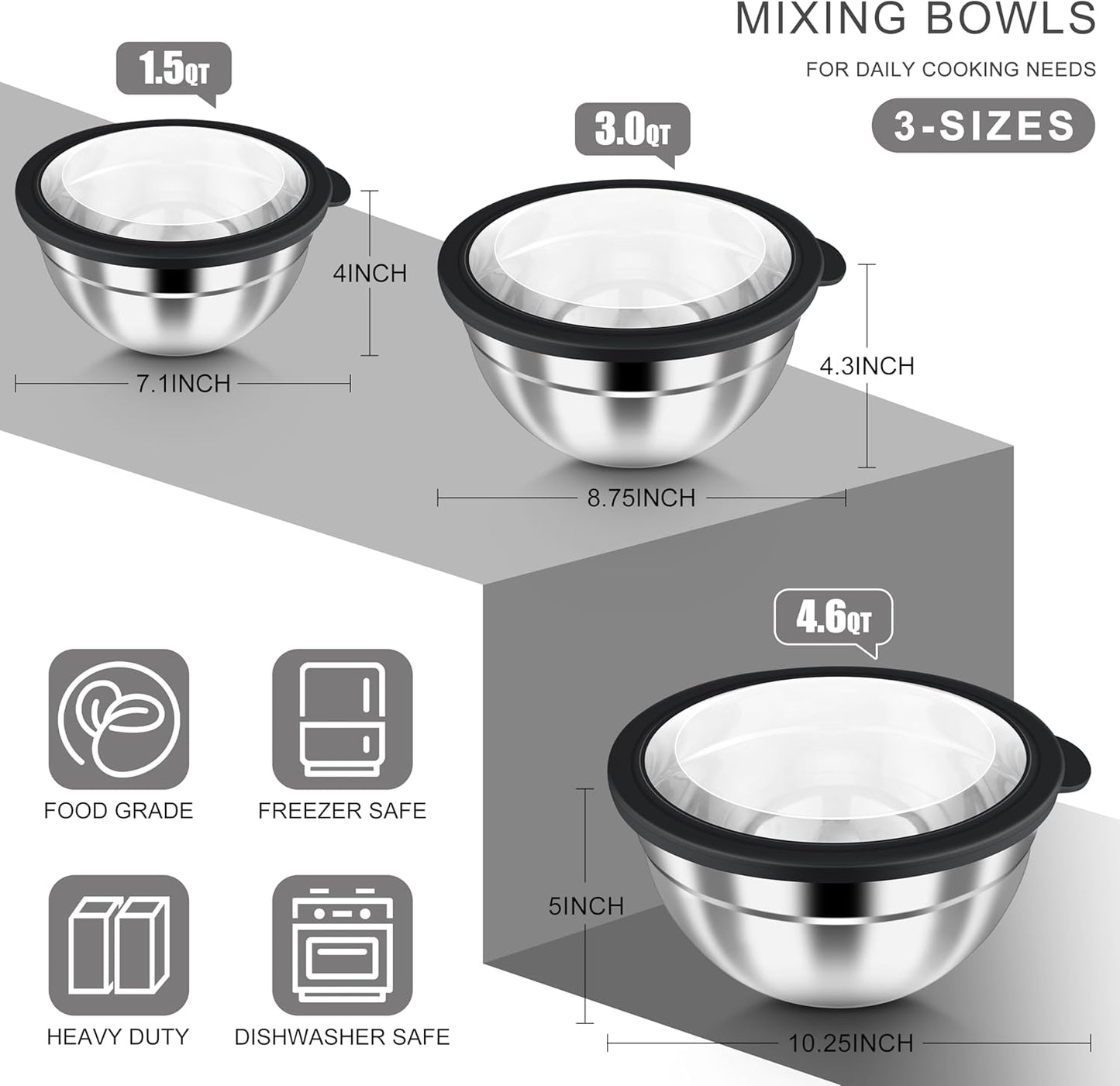 HaWare Mixing Bowls with Airtight Clear Lids, 6-Piece Stainless Steel Strong Nesting Bowls Set, Metal Salad Bowl for Cooking, Prepping, Baking, Serving & Food Storage, Size 4.6, 3, 1.5QT, Black