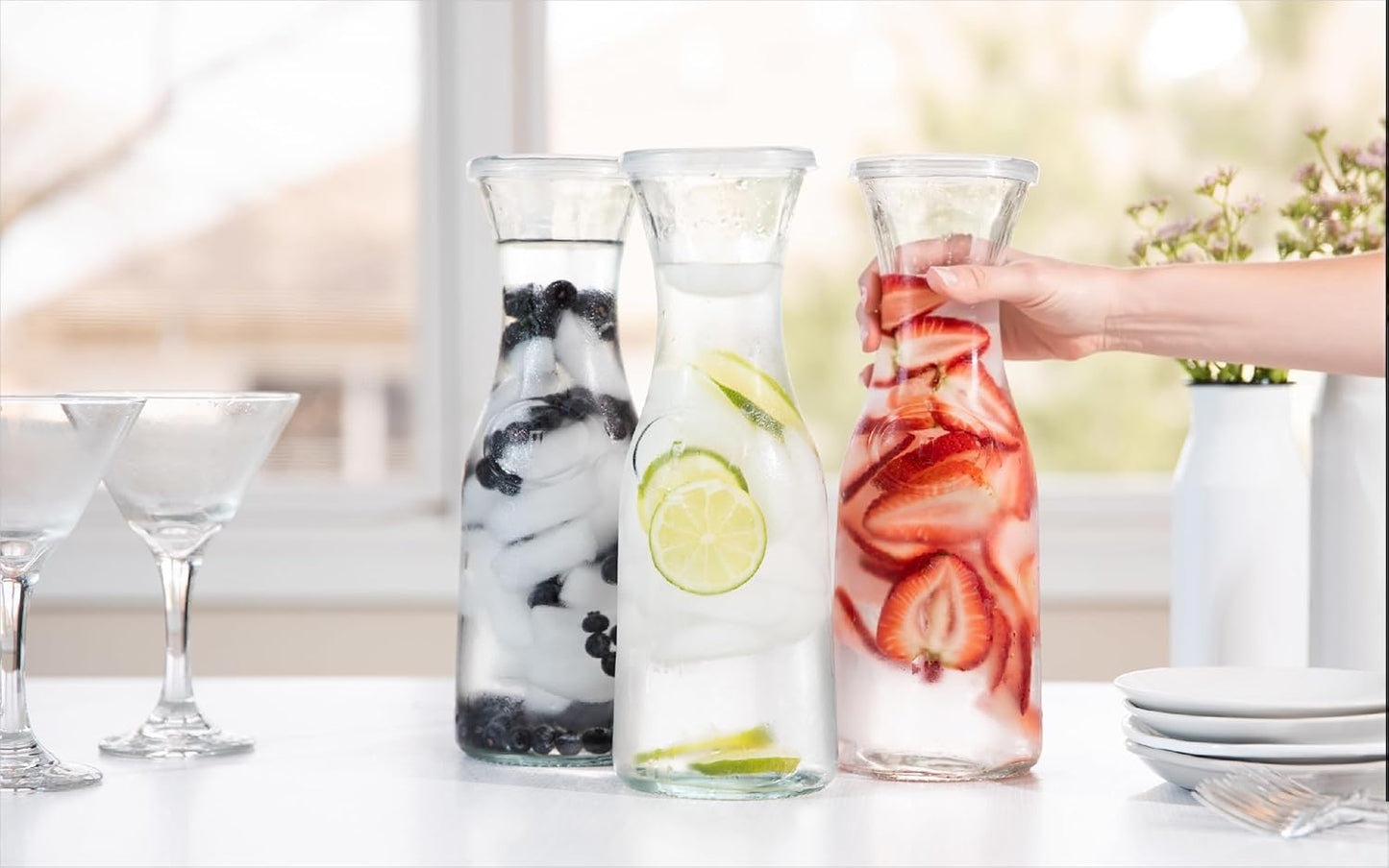 KooK Glass Carafe, Mimosa Bar Supplies, Carafe Pitchers with Lid, Set of 3, Glass Water Pitcher, Drink Dispensers for Parties, Tea, Wine, and Juice, Plastic Lids, Dishwasher Safe, 35 oz