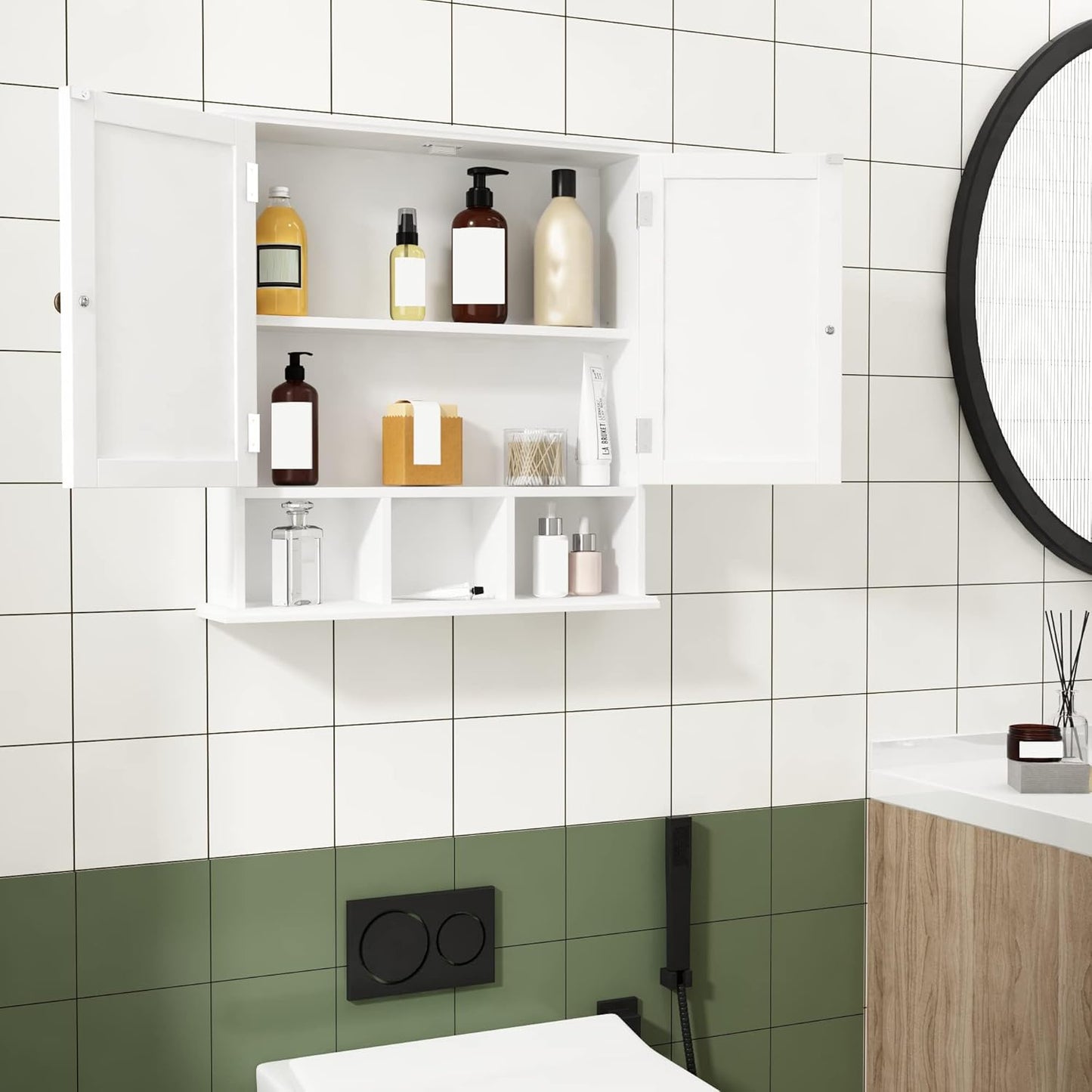 ChooChoo Bathroom Cabinet Wall Mounted 2-Door with 3 Open Shelves, Wooden Medicine Cabinets with Adjustable Shelf, Space Saver Storage Cabinets Over The Toilet for Bathroom&Living Room, White