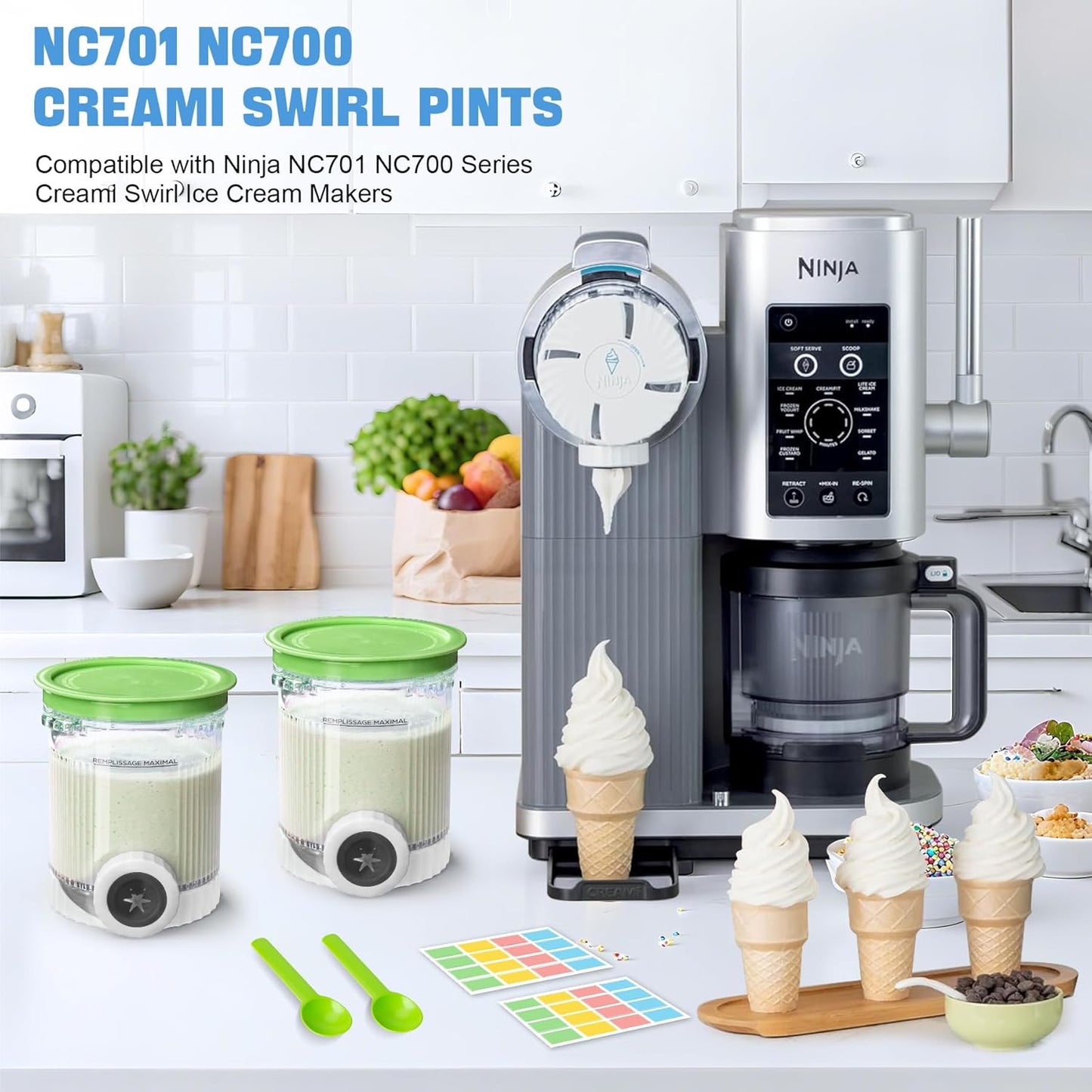 2 Pack Creami Swirl Pints & Lids for Ninja, Compatible with NC700 Series Ninja Swirl Ice Cream & Soft Serve Makers, with 2 Spoons & 32 Writable Labels, BPA-Free & Dishwasher Safe, Green