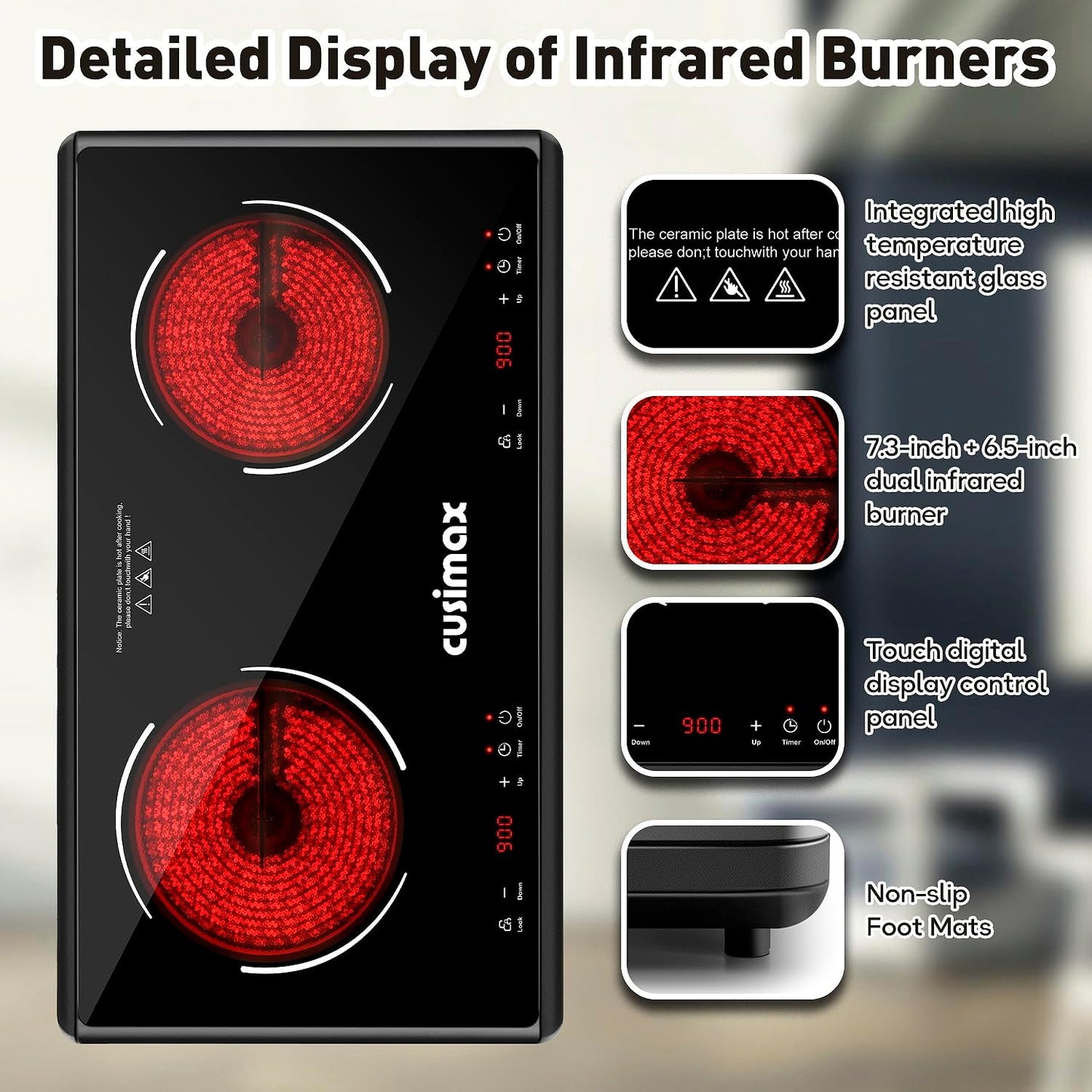 Electric Stove,Cusimax Electric Hot Plate for Home,9 Temperature and 1800w Power Level,Double Infrared Burner with Sensor Touch,Kids Safety Lock,Timer,Ceramic Countertop Stove