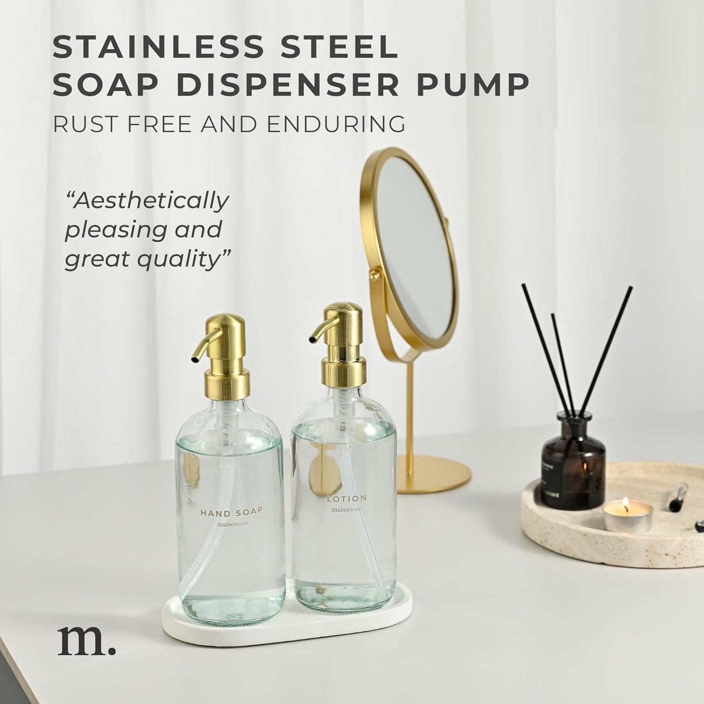 MaisoNovo Soap Dispenser 3-Piece Set | 16.9oz Clear Bottles with Gold Stainless Steel Pumps