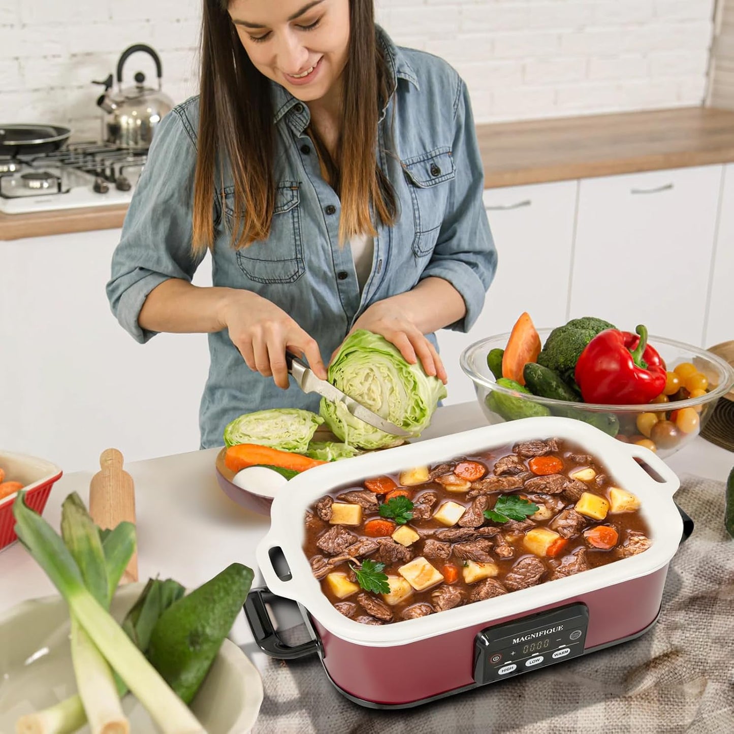 4 Quart Casserole Programmable Slow Cooker with Ceramic Baking Dish - Perfect Kitchen Small Appliance for Family Dinners, Oven Safe and Durable Bakeware for Lasagna, Roasts (Red)