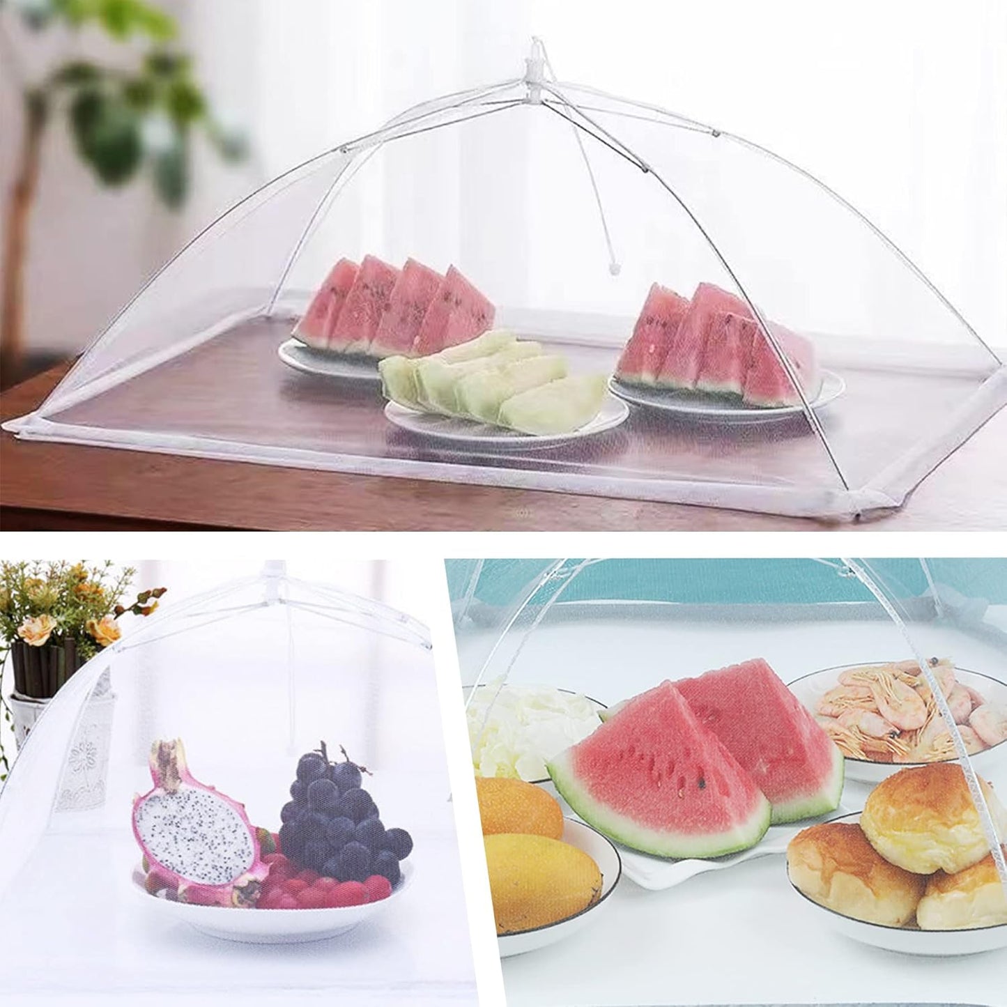 JULBEAR 4 Pcs Large and Tall Mesh Food Cover Tent Umbrella Food Screen Covers for Outside Pop-up Mesh Reusable Food Nets for Parties Picnics Outdoor BBQs Collapsible (2 Pcs 32"x24", 2 Pcs 17"x17")
