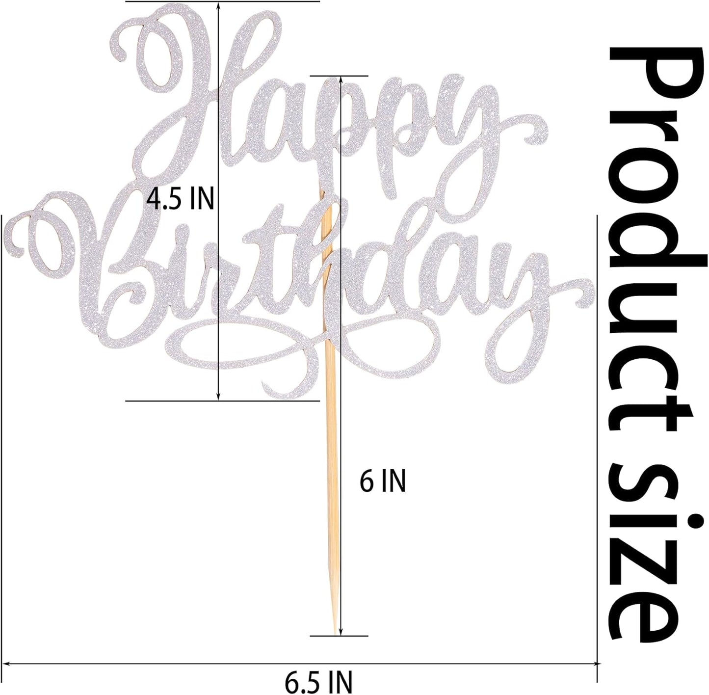Happy Birthday Cake Toppers 9 Inch Glitter Happy Birthday Cake Pick for Birthday Anniversary Theme Party Cake Decorations Supplies - Silver