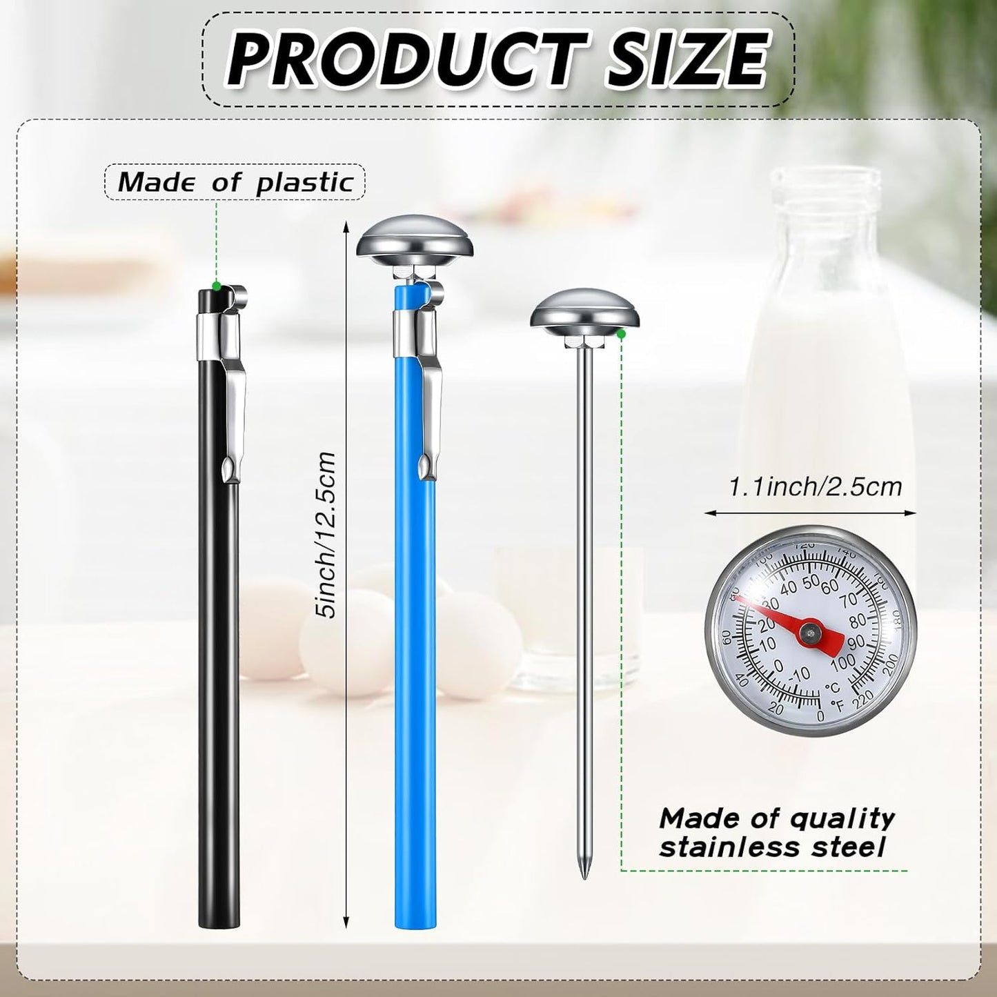 Xuhal 6 Pcs Stainless Steel Kitchen Thermometer with 5 Inch Long Stem 1 Inch Dial Thermometer Milk Frothing Food for Oven Probe Meat Grill BBQ Cooking Chocolate Water(Multicolor)