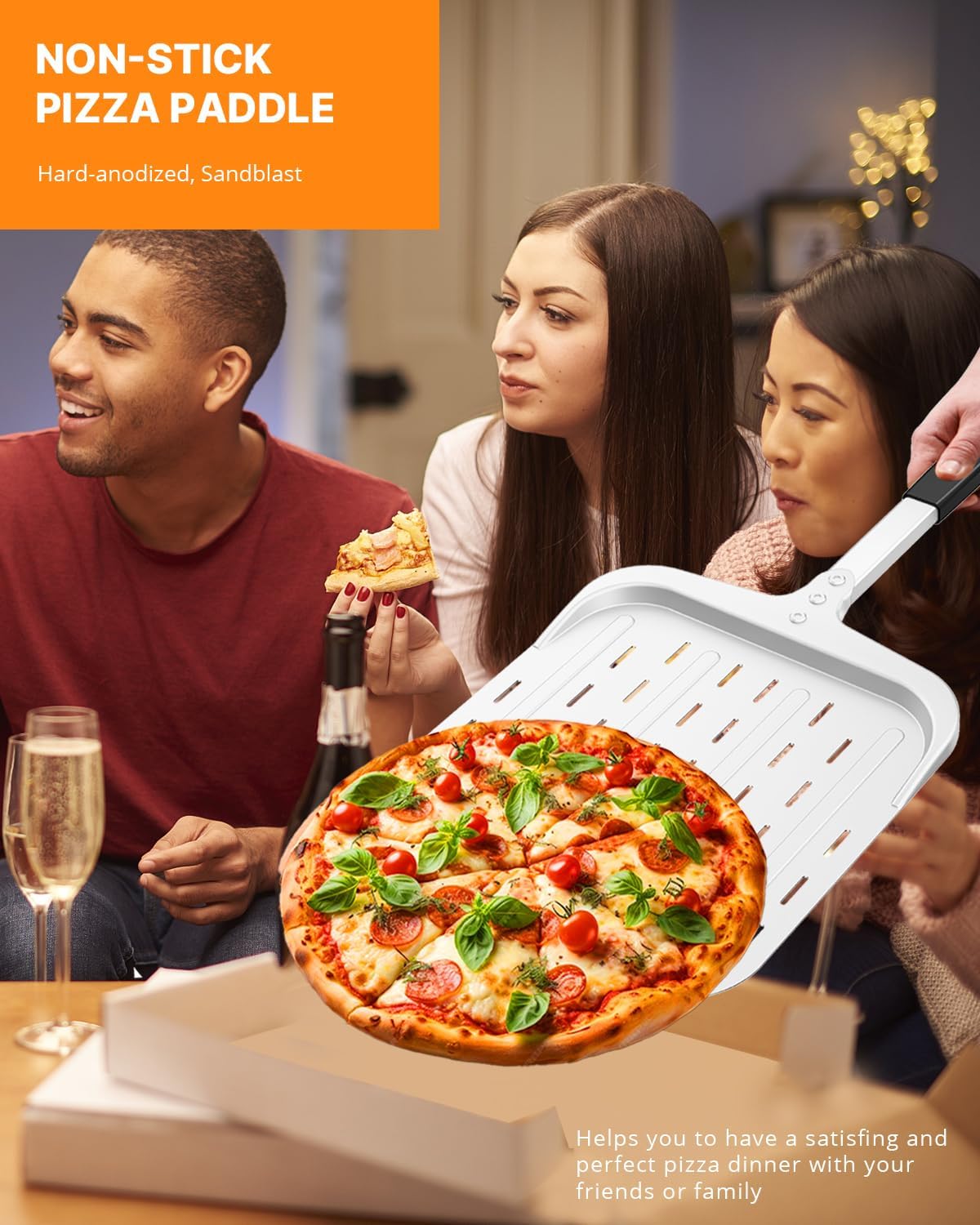 Pizza Peel 12 inch, Perforated Aluminum Pizza Paddle (12'') with Heat-resistant Handle, Nonstick and Lightweight Pizza Spatula, Pizza Oven Accessories