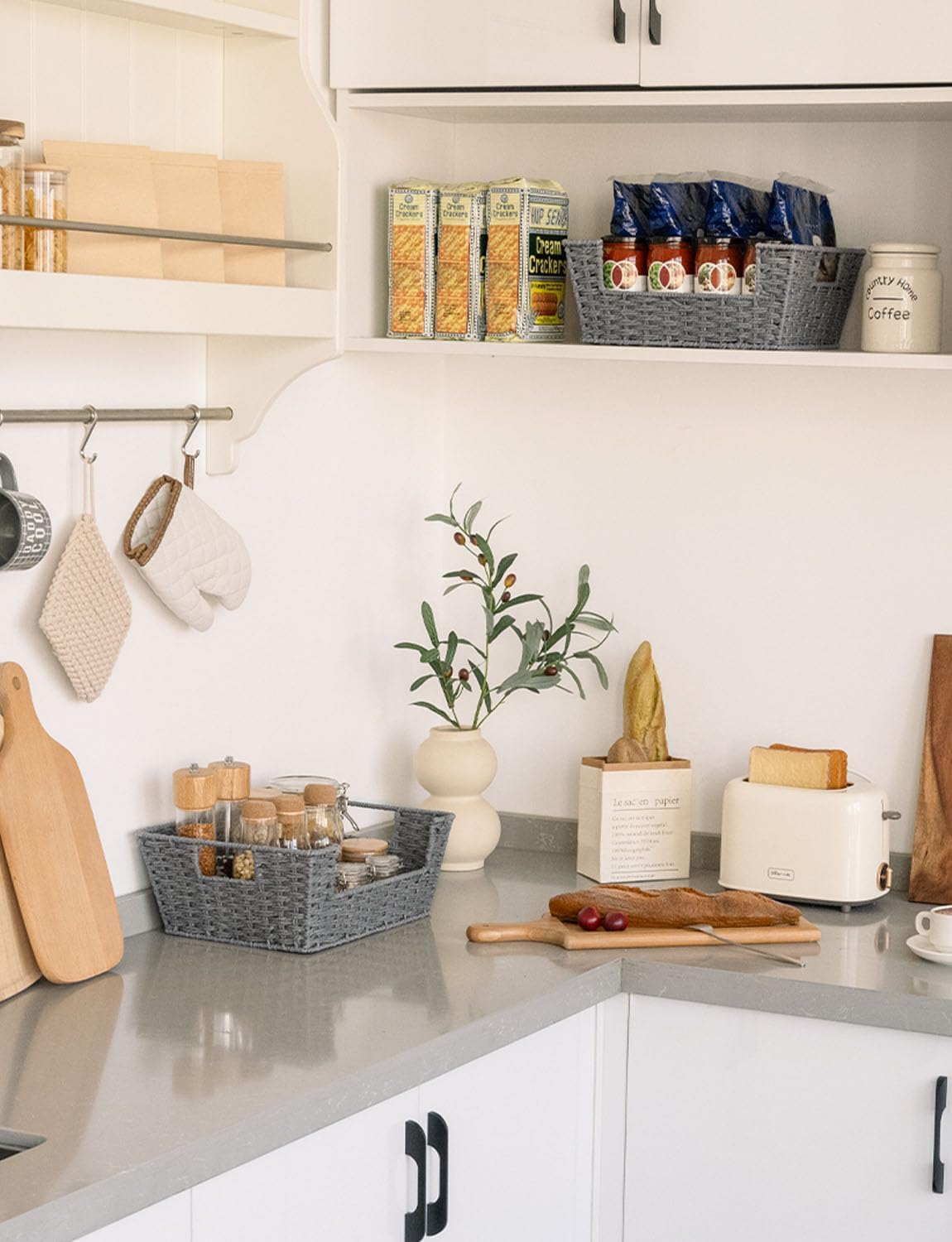 StorageWorks Round Paper Rope Woven Basket for Pantry Organizers and Storage, Stackable Wicker Pantry Baskets for Shelves, Grey, 2-Pack